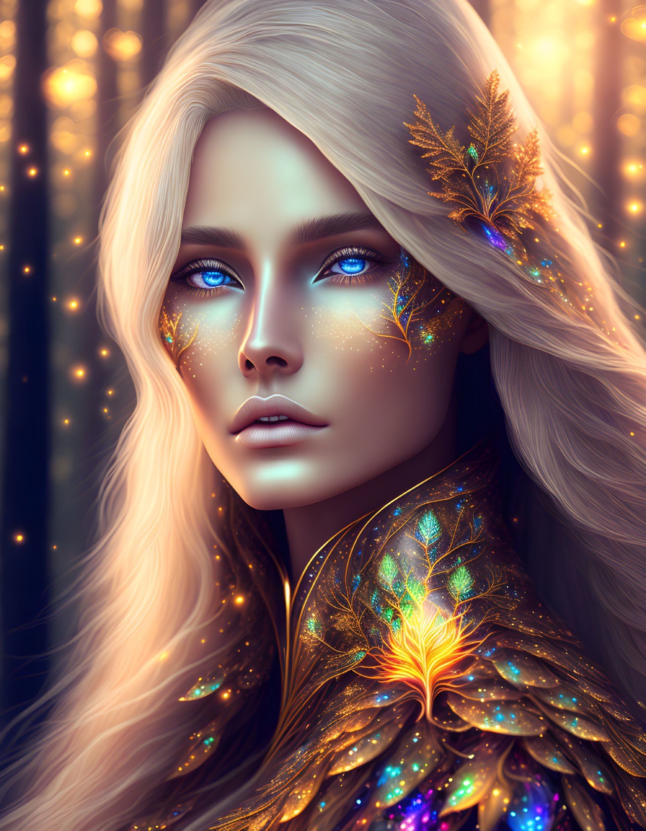 Portrait of ethereal woman with glowing blue eyes and leaf-like designs.