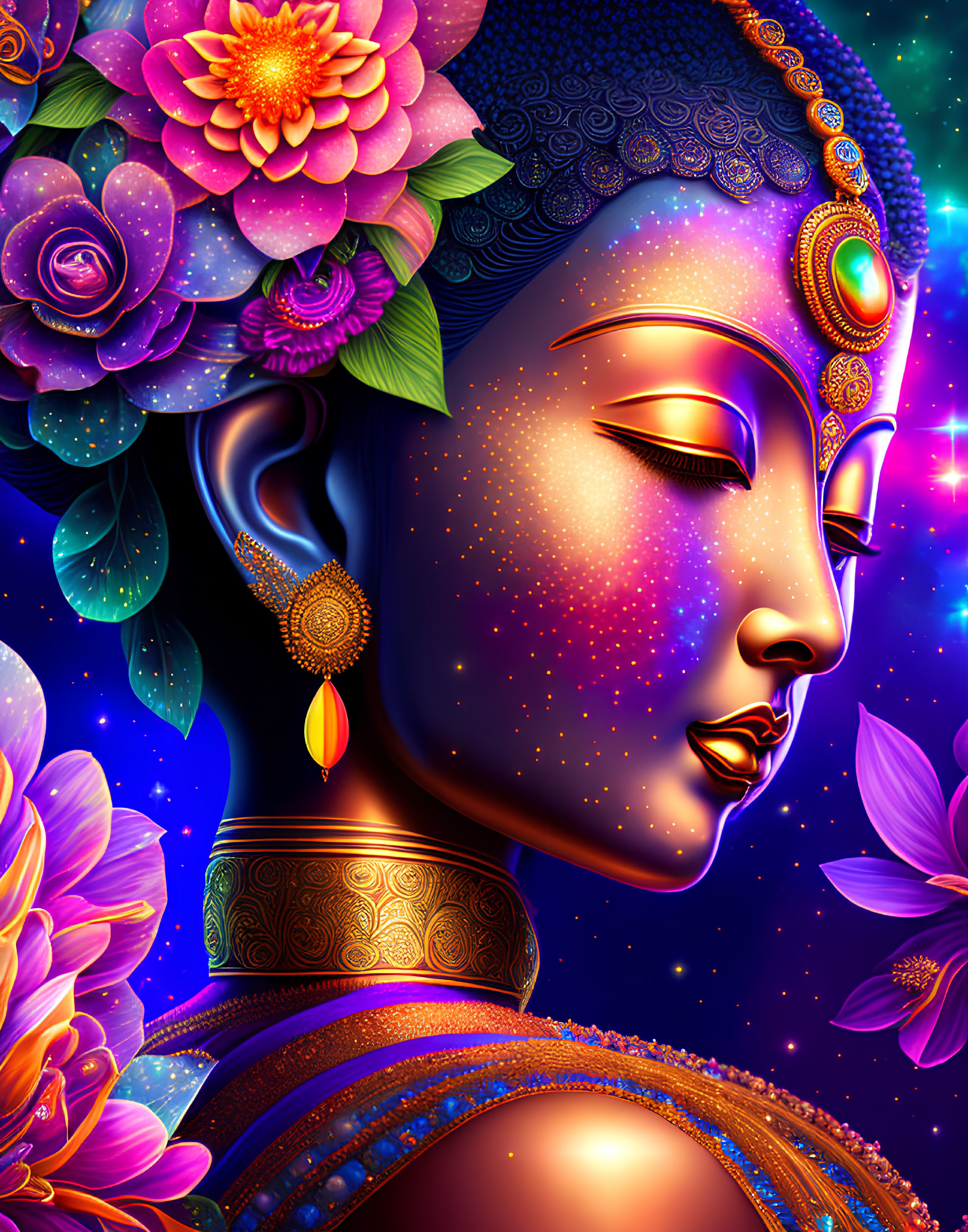 Colorful Cosmic Face with Lotus Flowers and Jewelry on Starry Background