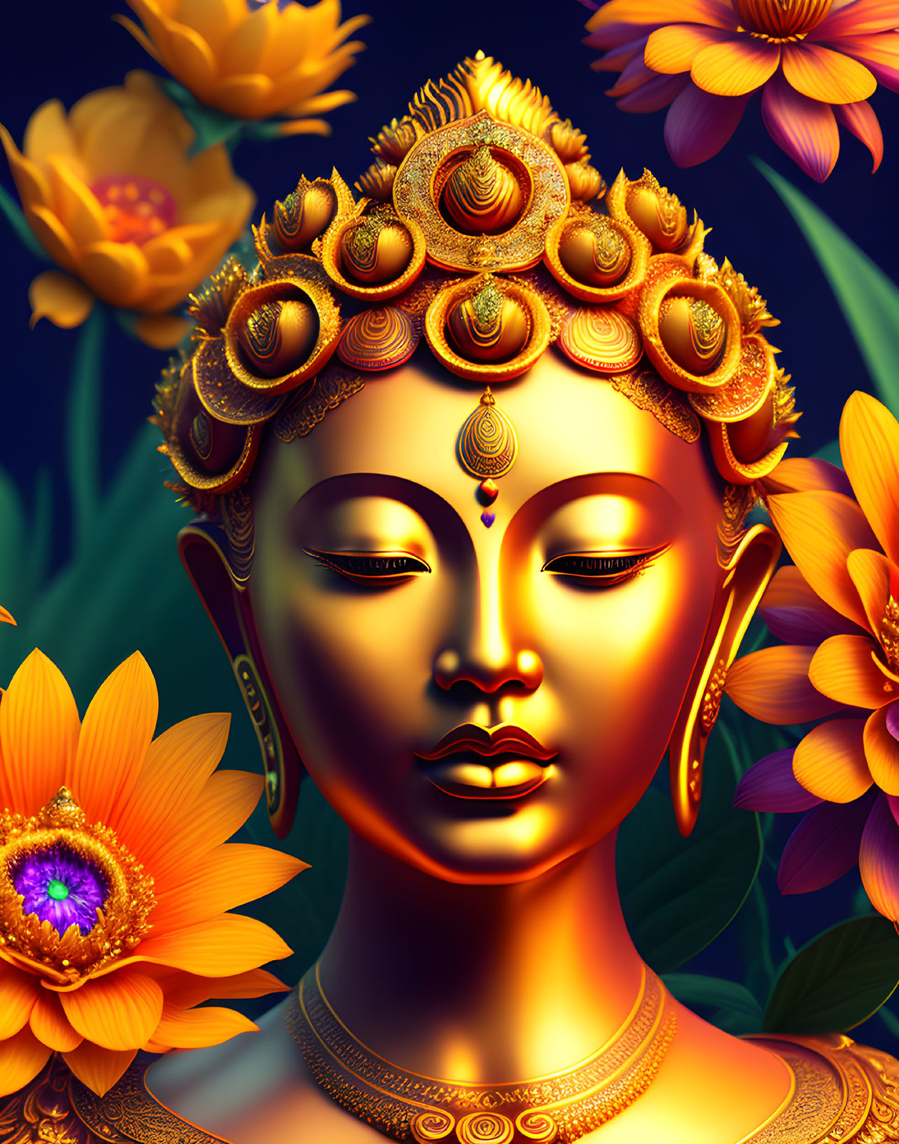 Golden serene face with decorative headgear amidst vibrant flowers on dark background