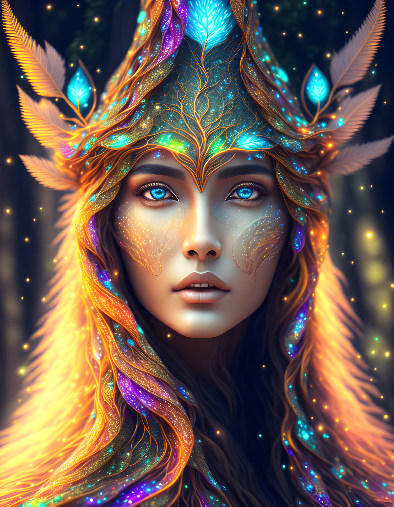 Fantasy portrait of woman with vibrant orange hair and golden crown.