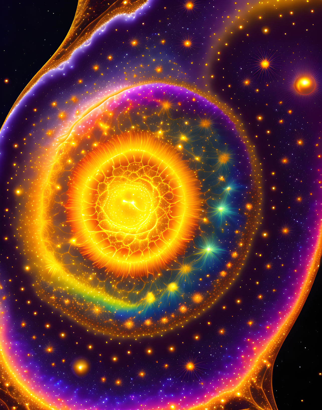 Abstract Cosmic Illustration with Vibrant Concentric Circles & Swirling Patterns