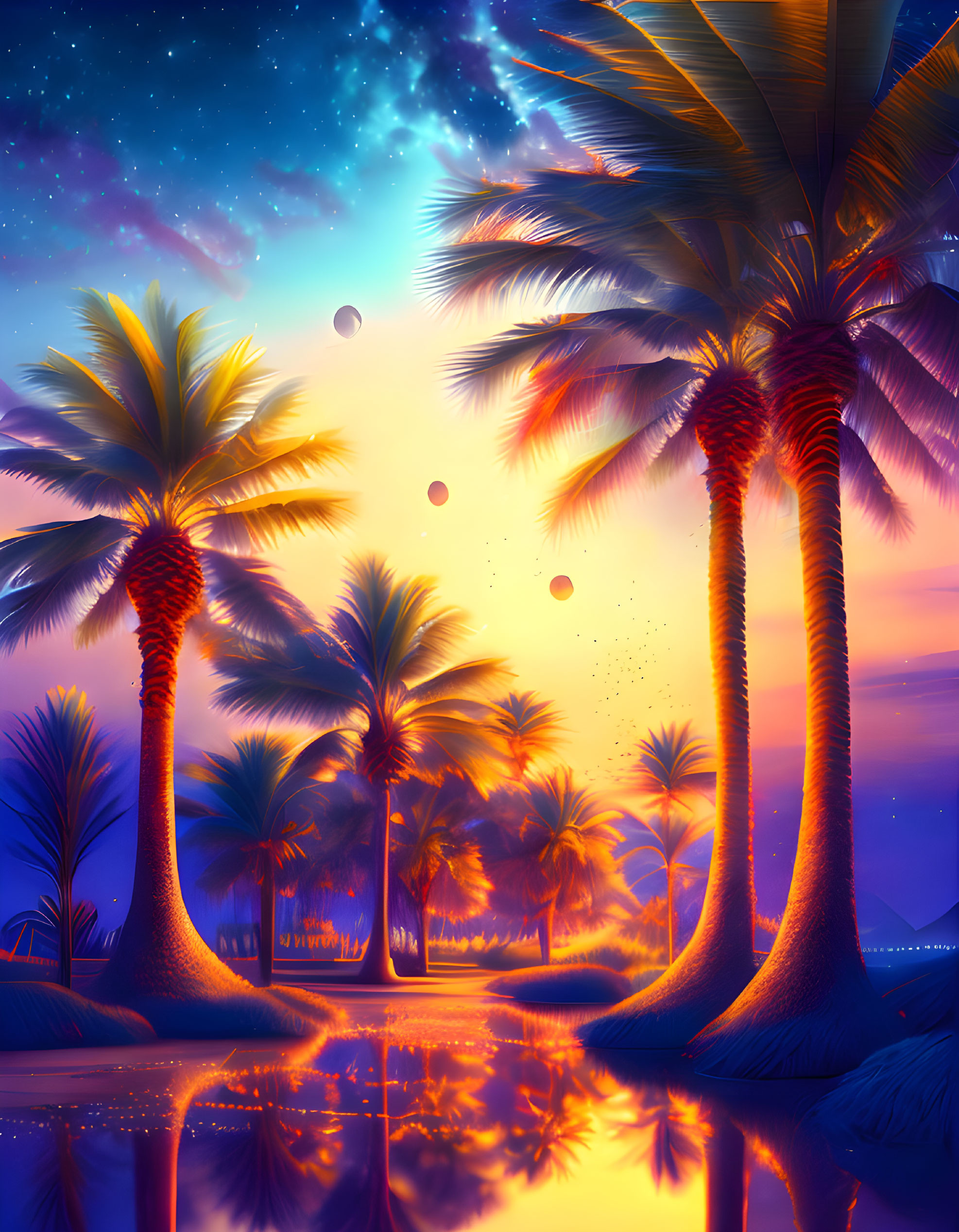 Tropical palm trees at dusk with colorful starry sky