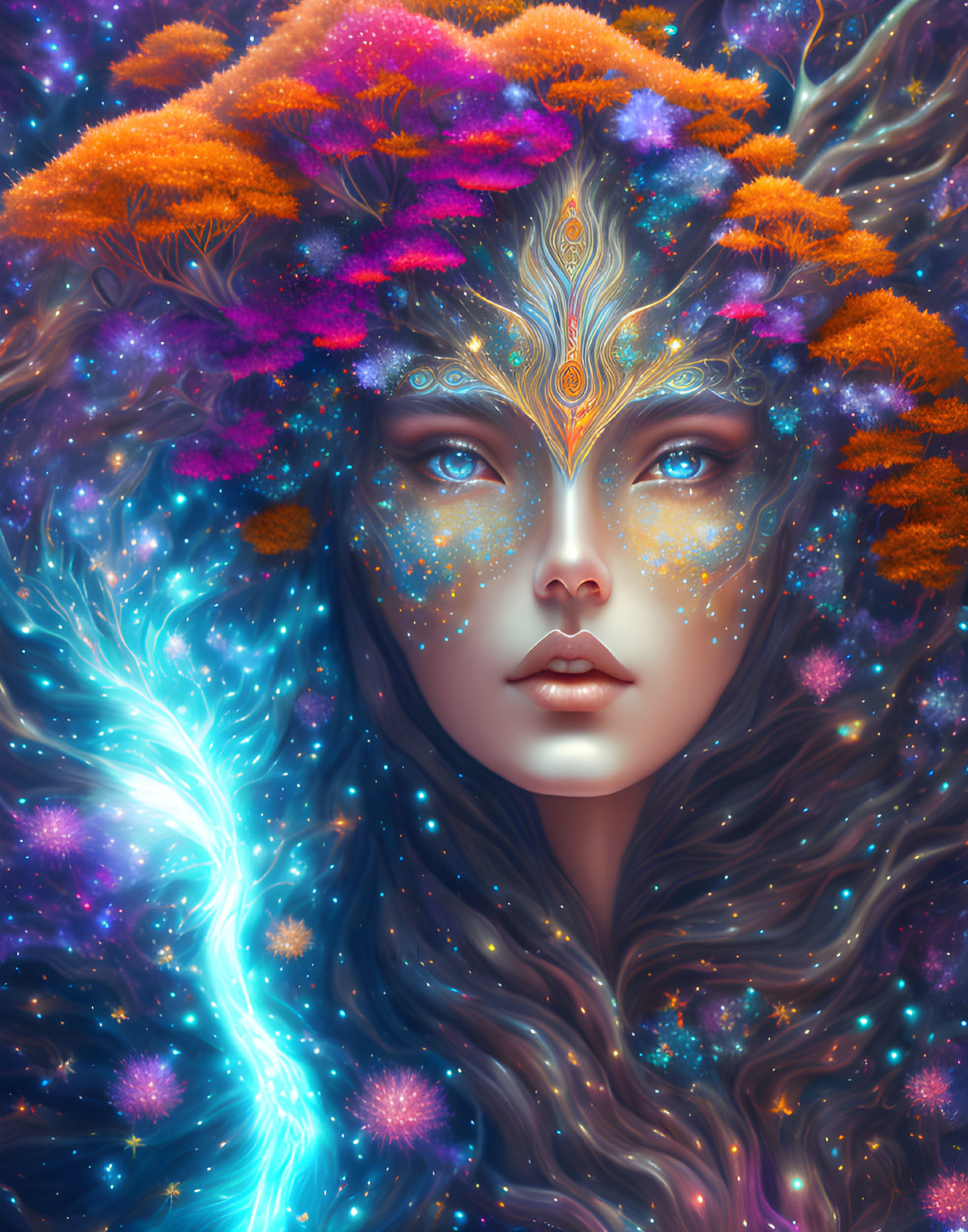 Fantastical female entity with galaxy-inspired elements and vibrant cosmic energy.