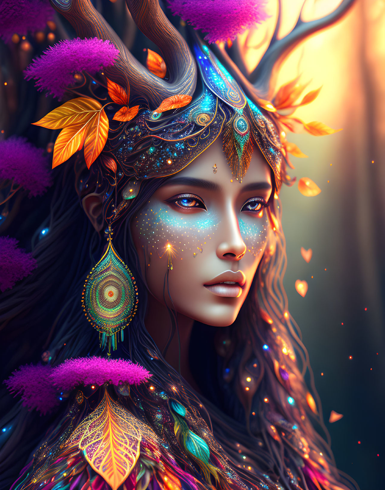 Fantasy-themed woman with intricate headdress against warm background