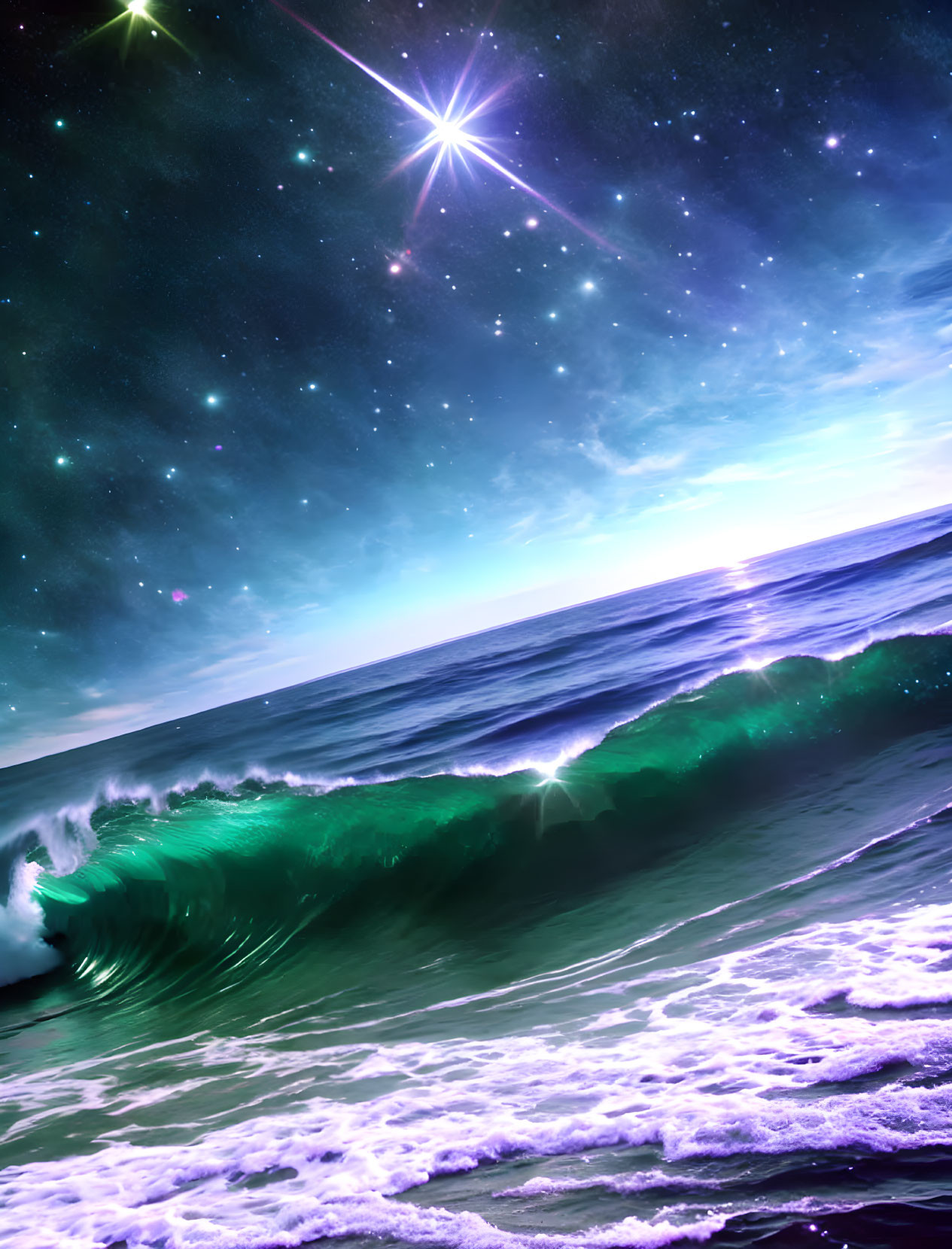 Starry night sky over luminous sea with green waves