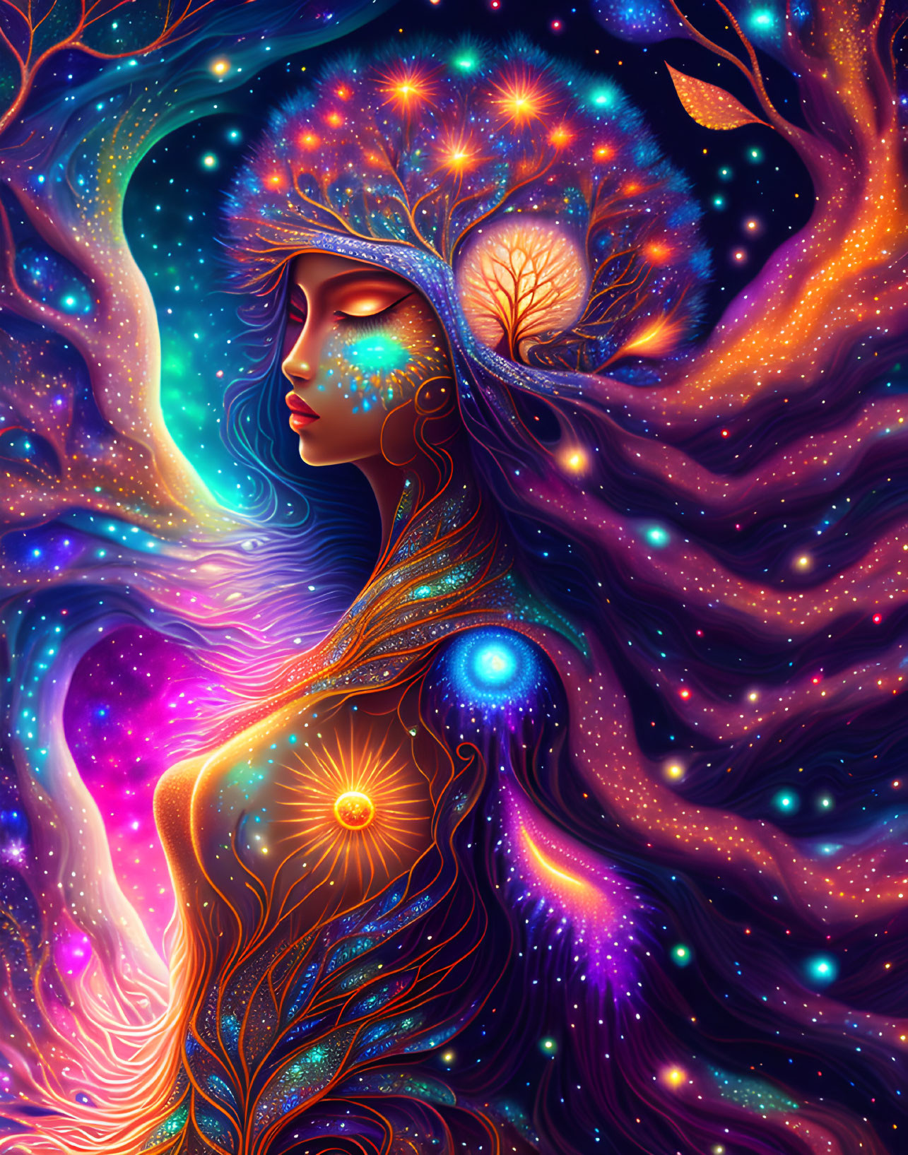 Colorful digital artwork of woman with cosmic and nature motifs