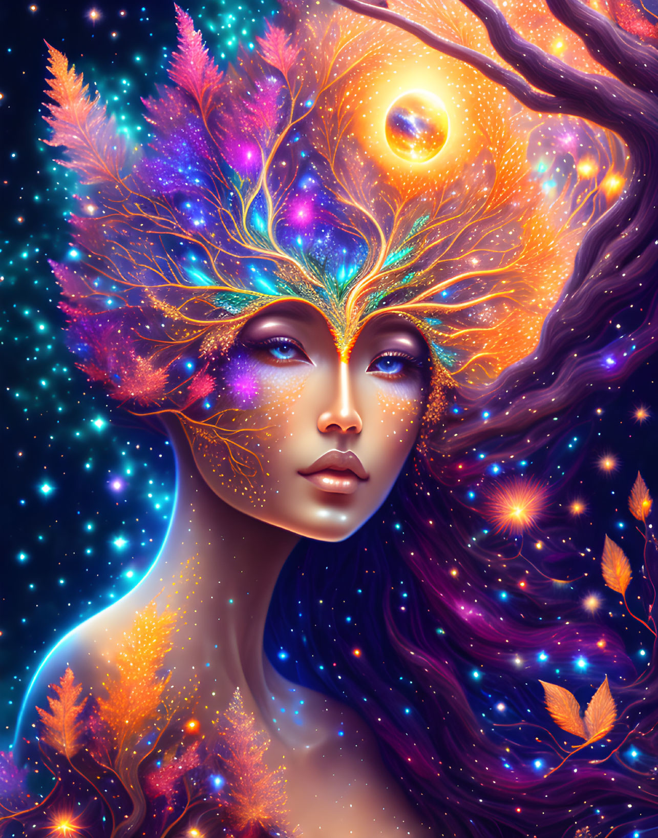 Digital artwork of woman with cosmic tree headdress and starry backdrop