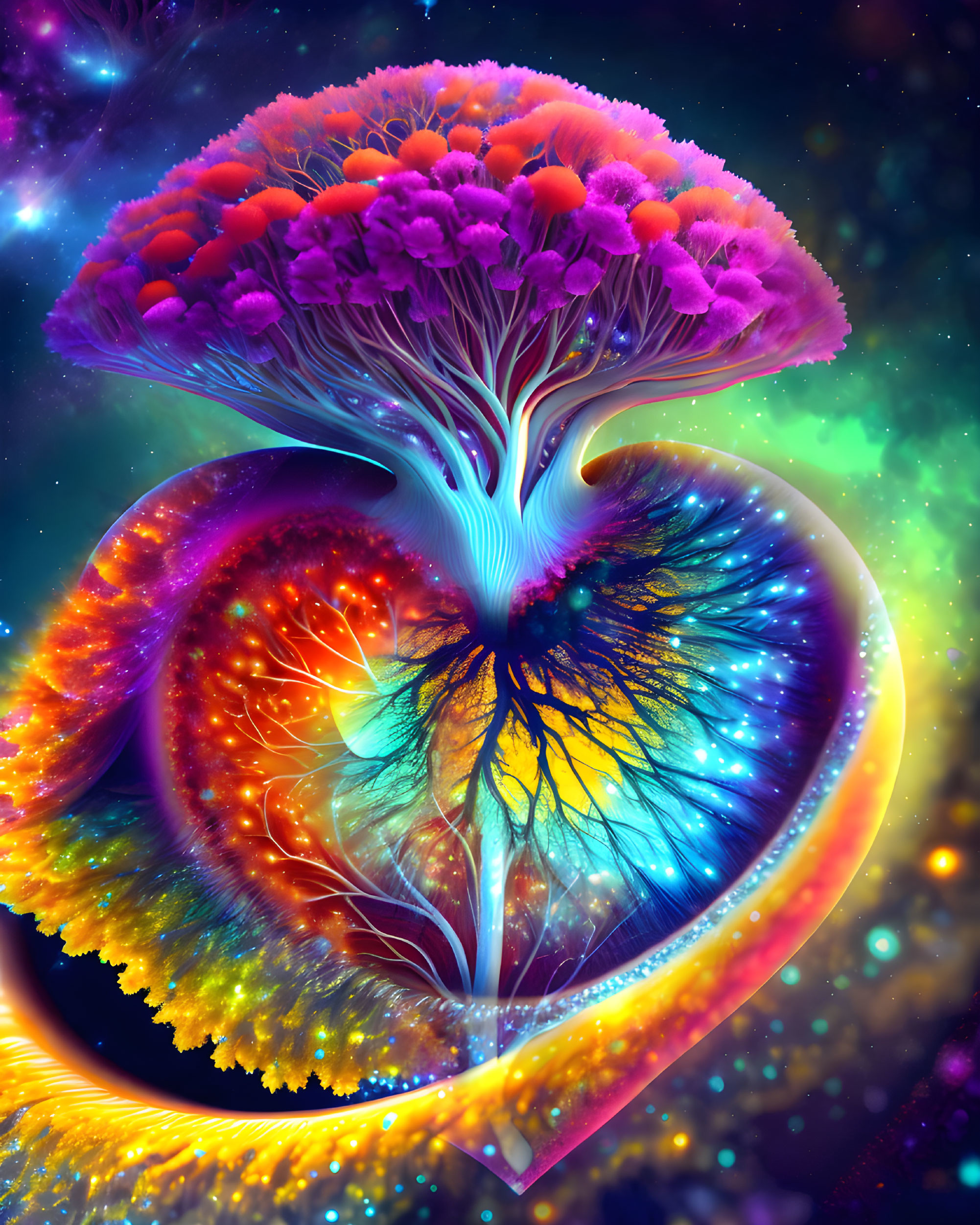 Colorful Tree Artwork in Cosmic Nebula