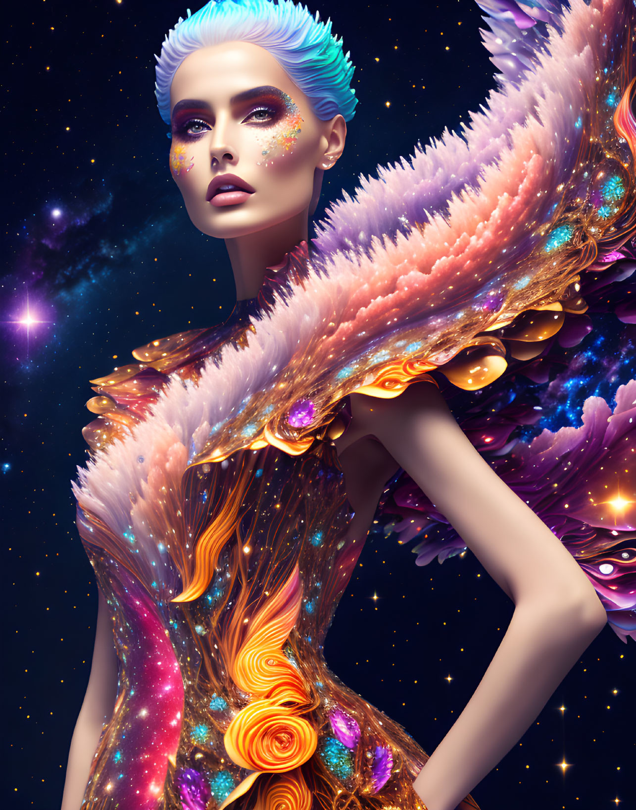 Avant-garde makeup with cosmic-themed garment and celestial elements