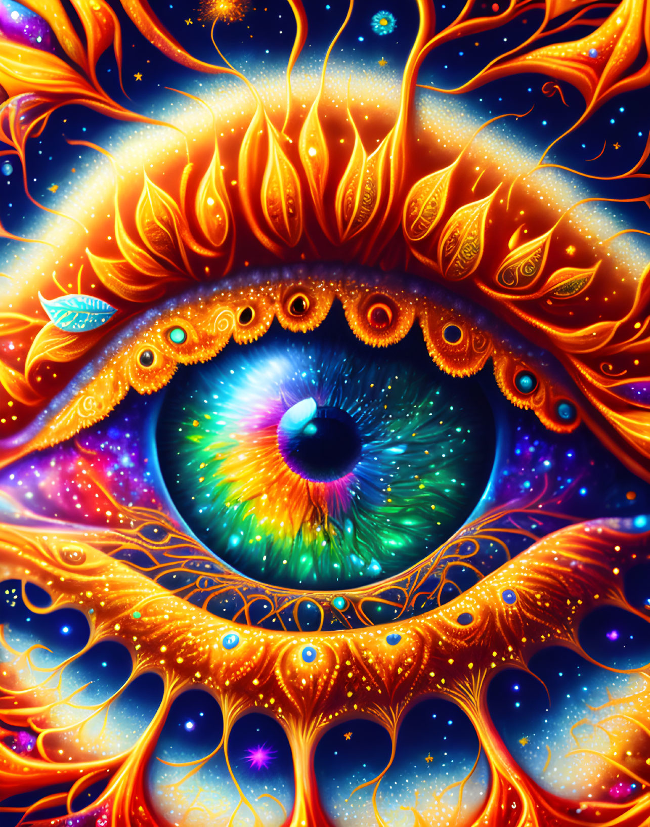 Colorful Psychedelic Eye Illustration with Celestial Motifs