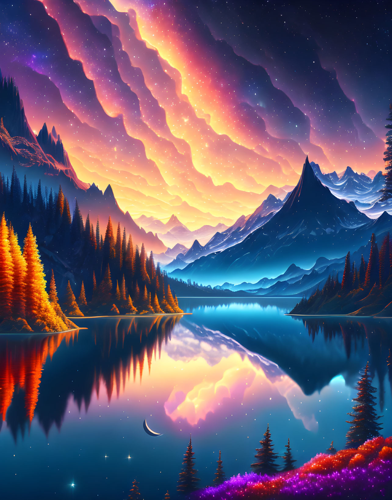 Digital artwork: Mountainous landscape at twilight with starry sky and tranquil lake.