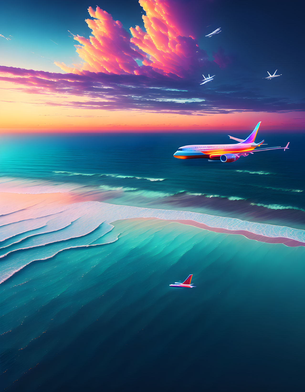 Airplane flying over vibrant beach at sunset with colorful clouds and gentle waves.