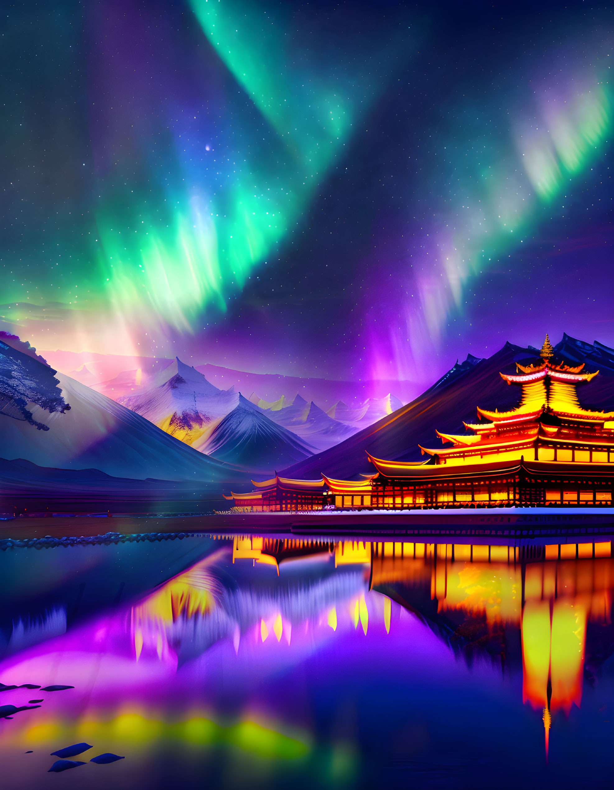 Colorful aurora borealis over Asian palace and lake