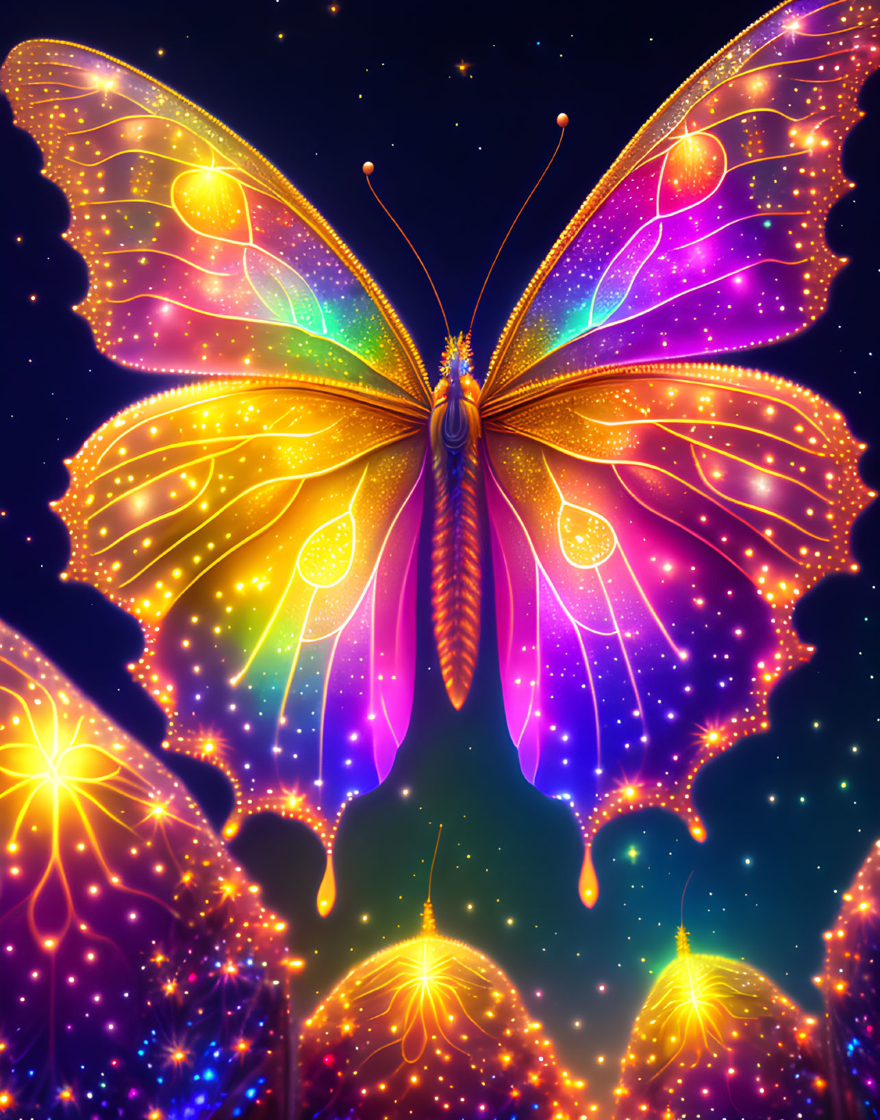 Colorful butterfly digital art with glowing wings on starry background