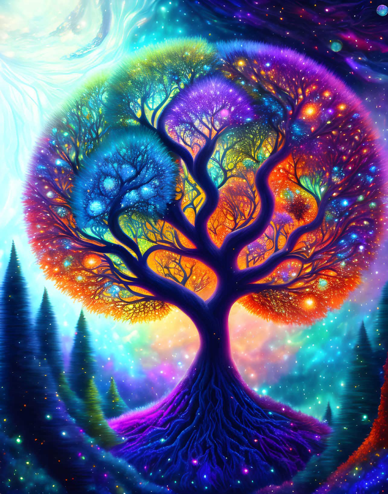 Colorful Fantastical Tree with Galaxy Background and Rainbow Branches