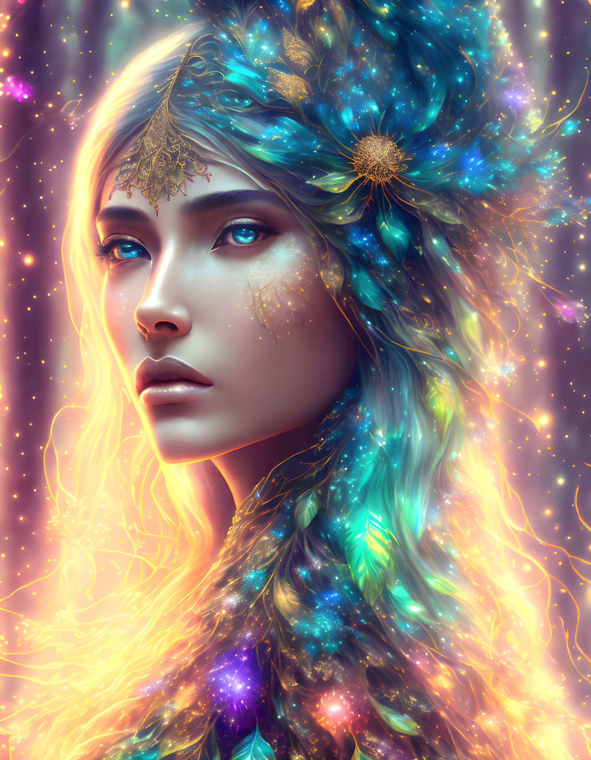 Ethereal female figure with multicolored hair and golden facial adornments