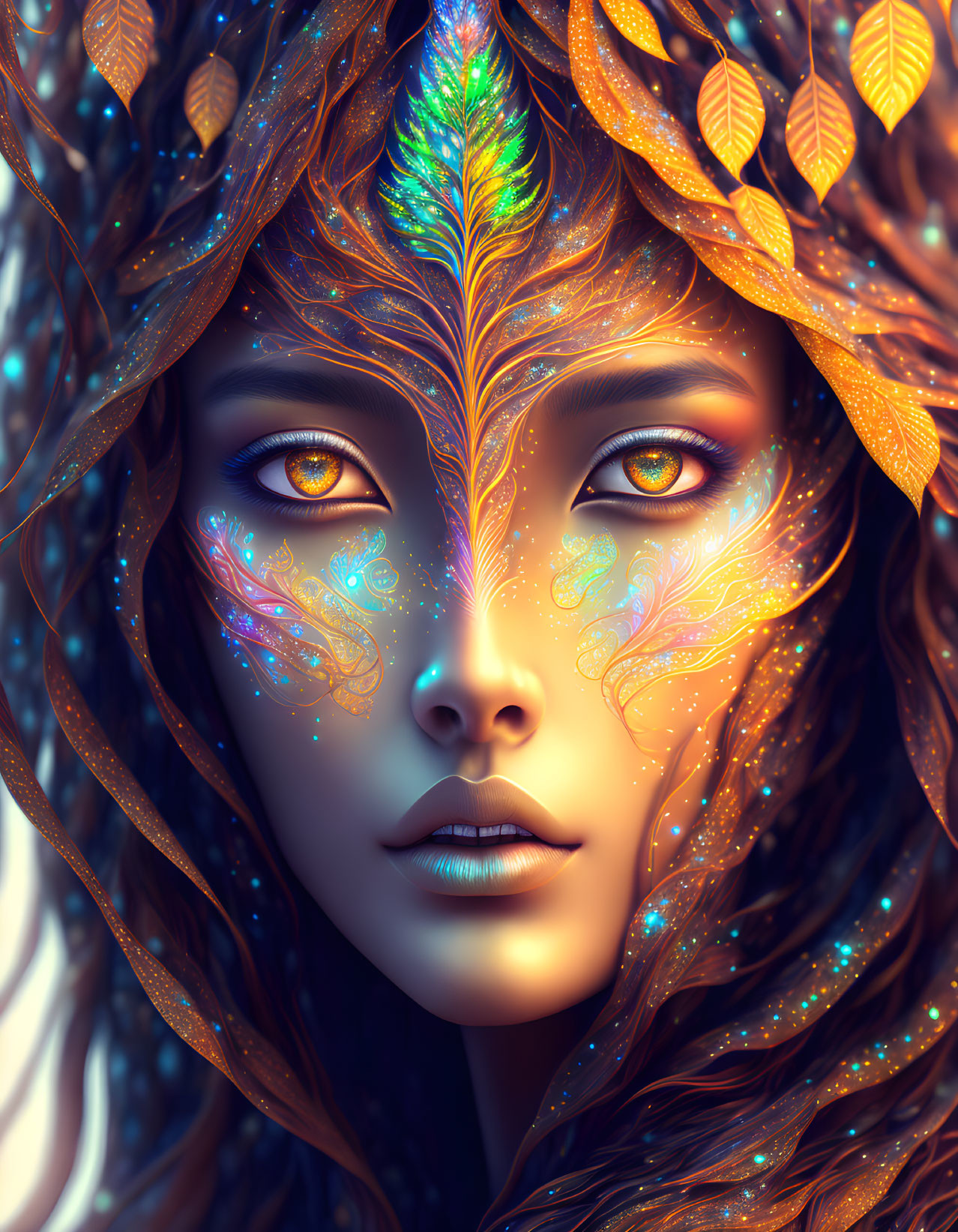 Digital Art: Woman with Autumn Leaf Hair and Glowing Patterns