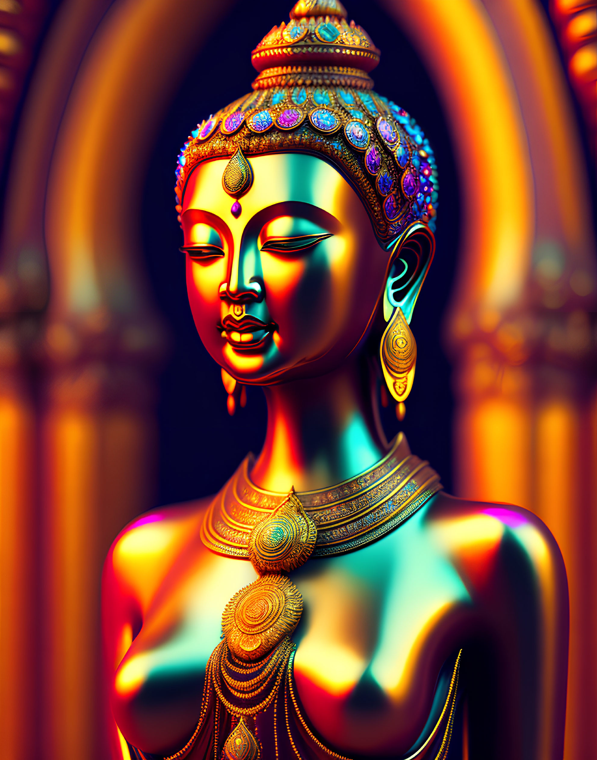 Colorful Figure with Traditional Adornments Against Ornate Backdrop