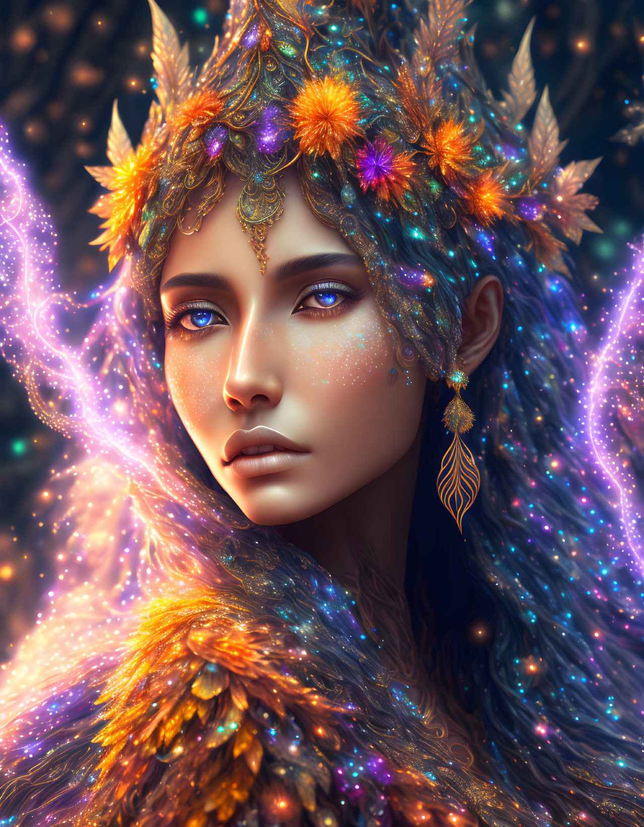 Fantasy portrait of woman with sparkling makeup and floral headdress