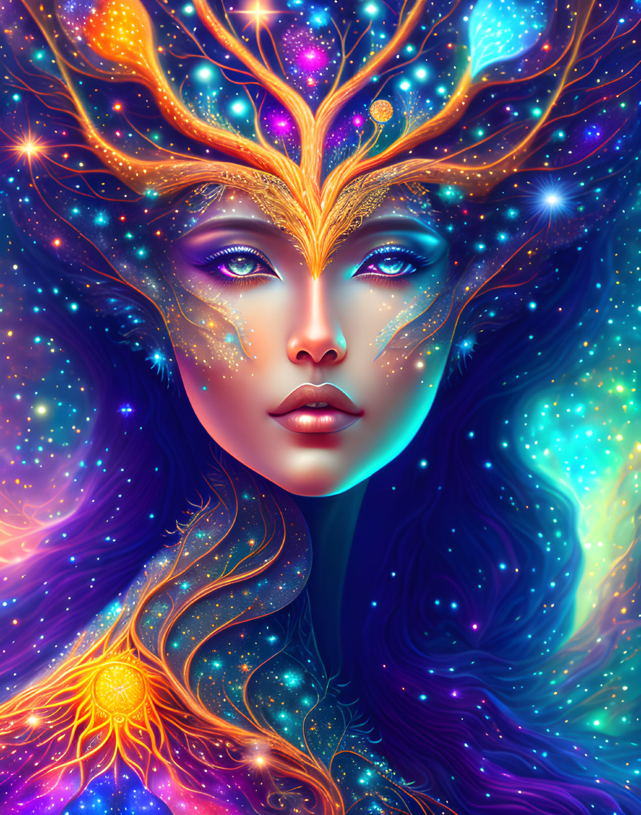 Cosmic-themed woman illustration with starry headdress