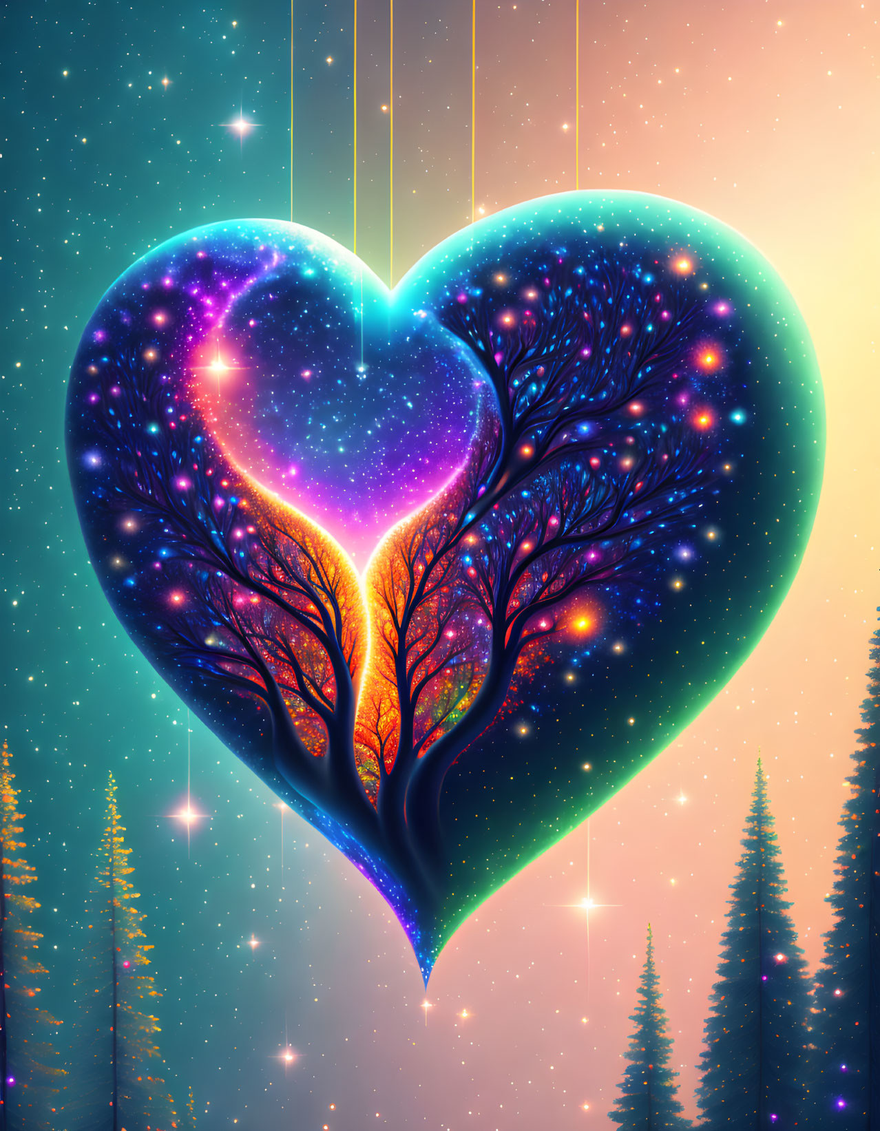 Colorful heart-shaped tree of life in cosmic setting above forest at night