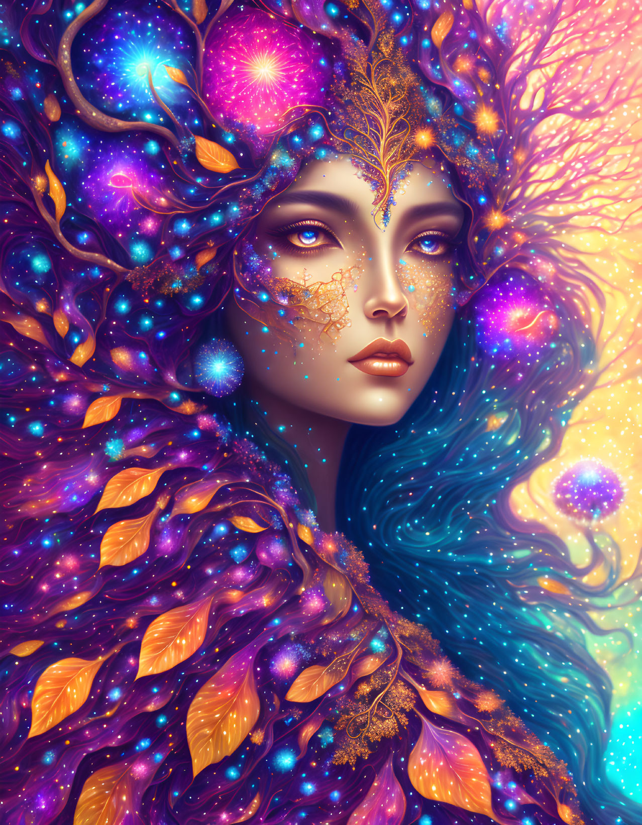 Colorful cosmic illustration of female figure with galaxy-themed complexion and gold leaf patterns against starry backdrop