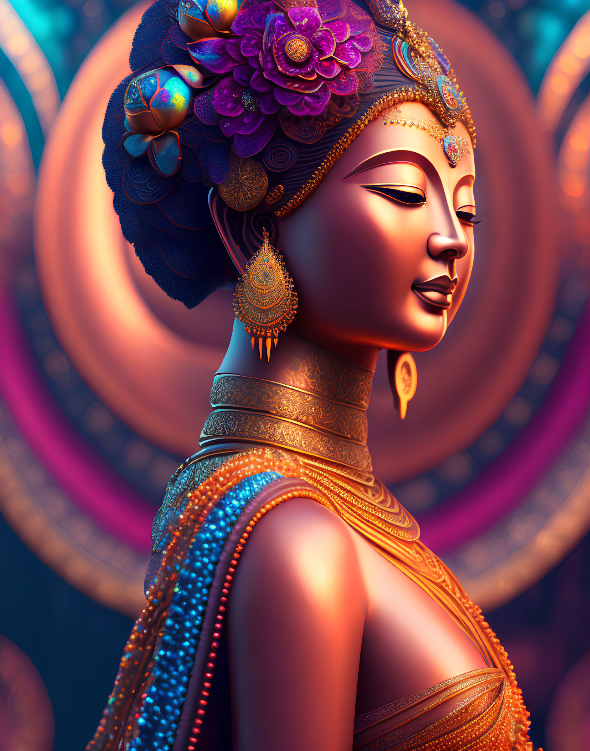 Woman adorned with golden jewelry and purple flower headdress in front of glowing circle.