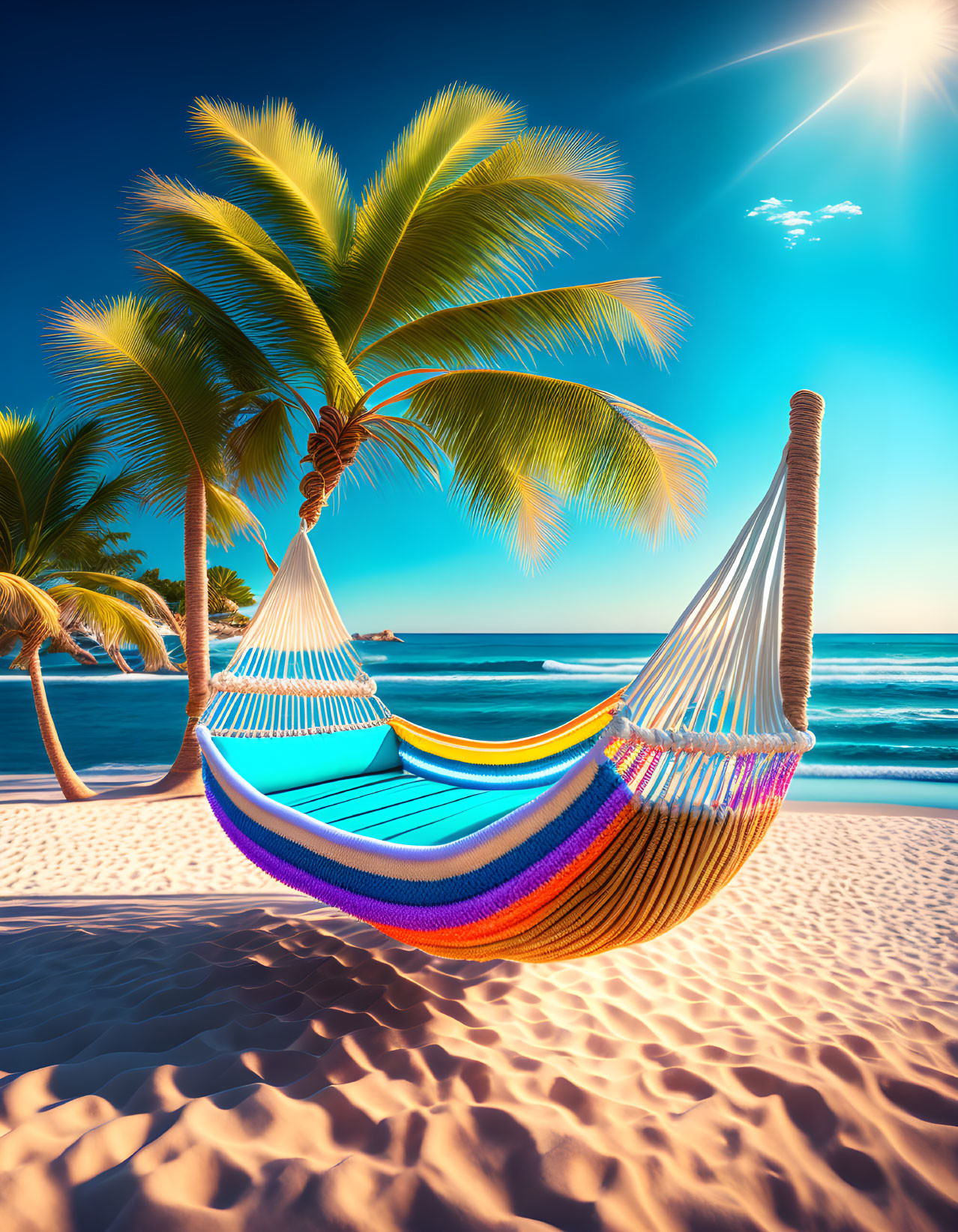 Colorful Hammock Between Palm Trees on Sunny Beach