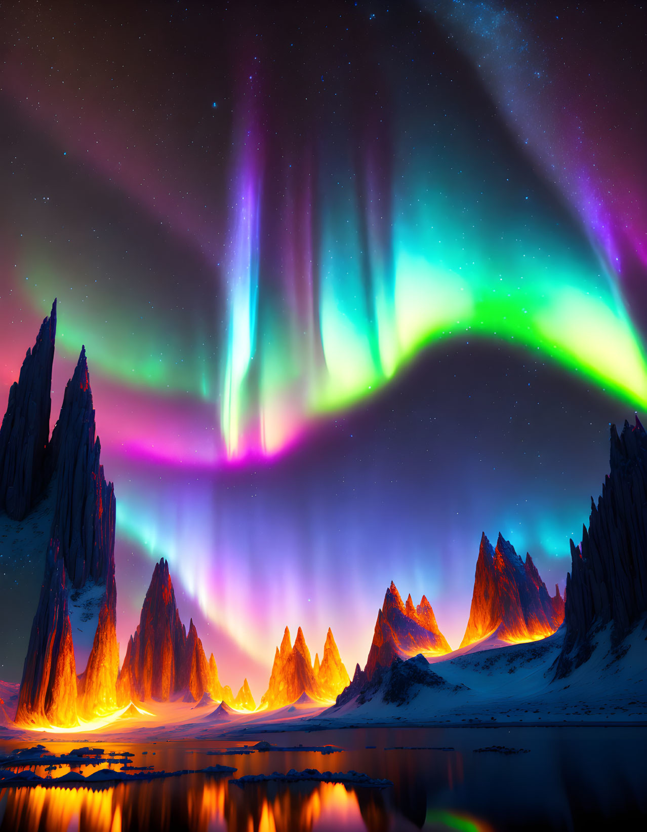 Colorful Aurora Borealis Over Snowy Mountain Landscape