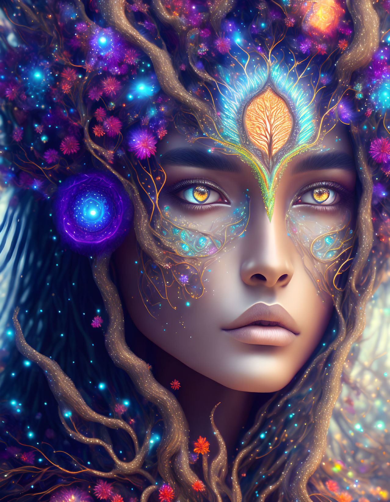 Cosmic-themed woman portrait with star headdress & floral hair intertwining