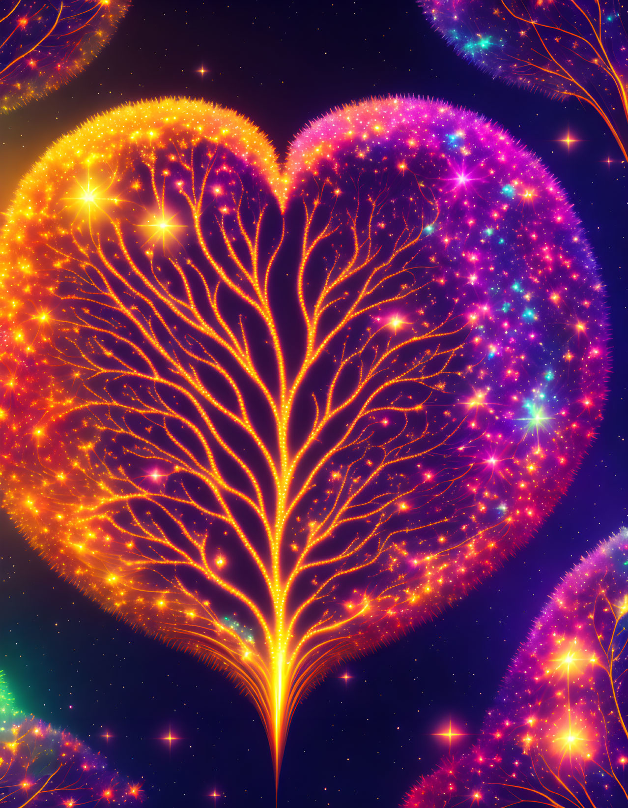 Colorful Tree Heart Shape Against Cosmic Background