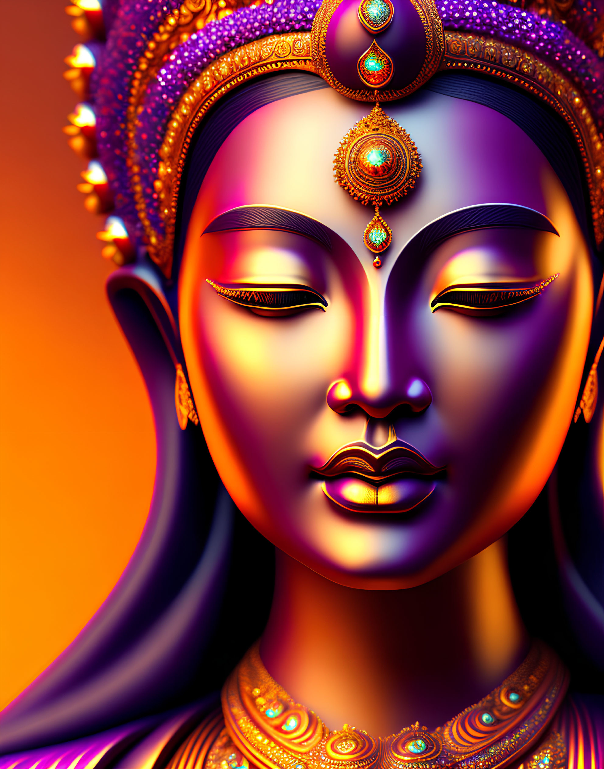 Colorful digital artwork of serene-faced deity with ornate jewelry on warm orange backdrop