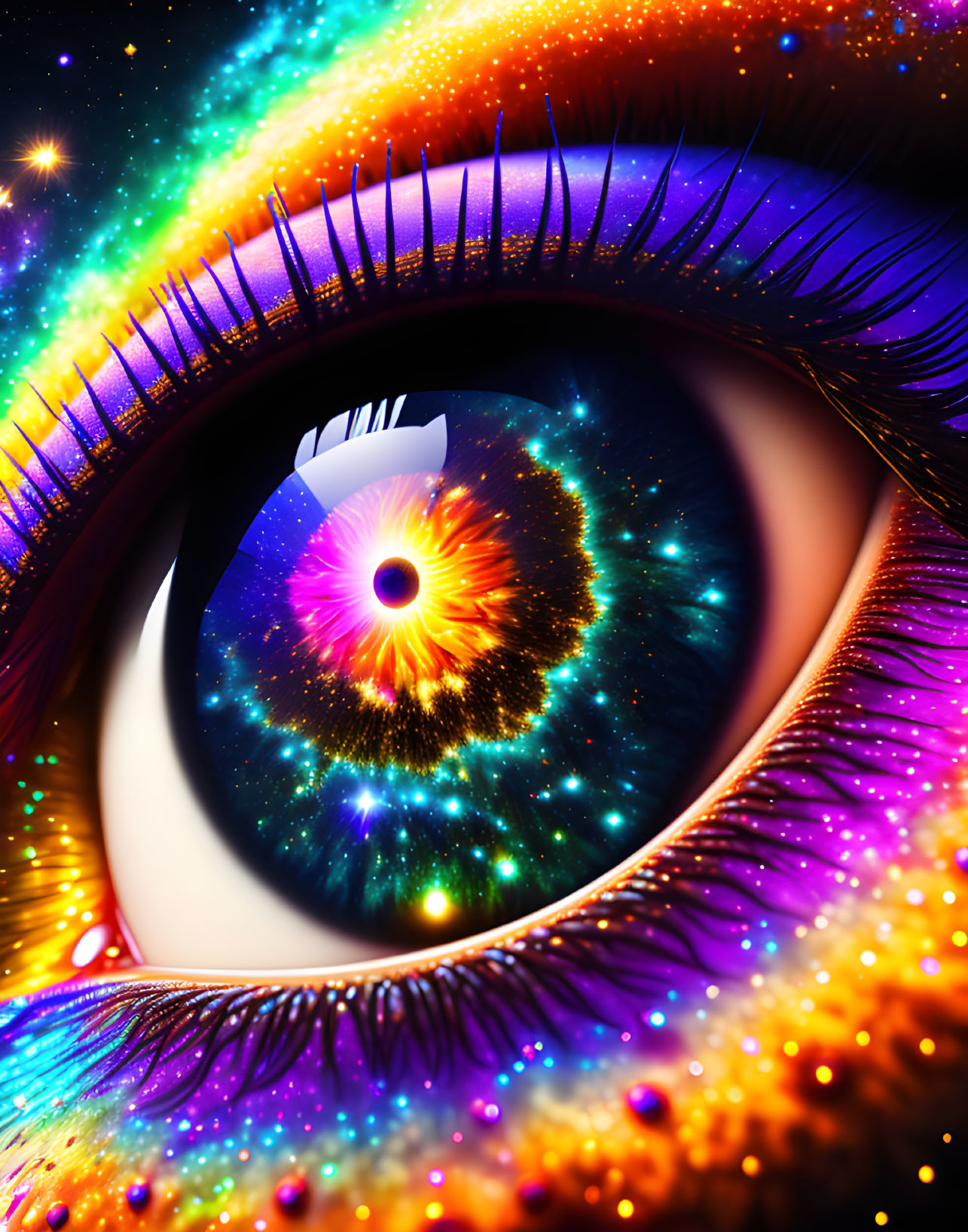 Vibrant cosmic galaxy eye with glittering stars
