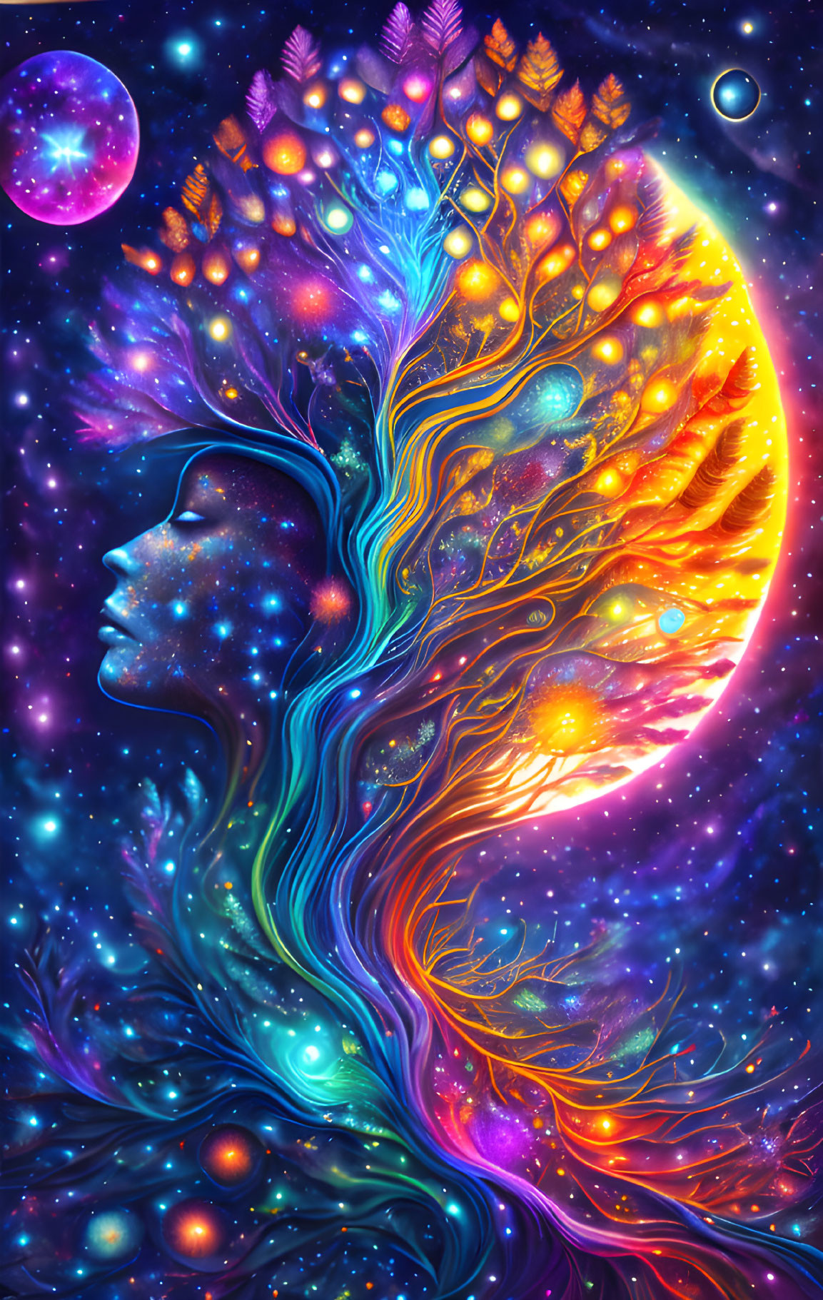 Detailed Woman's Profile with Hair Flowing into Tree on Cosmic Background