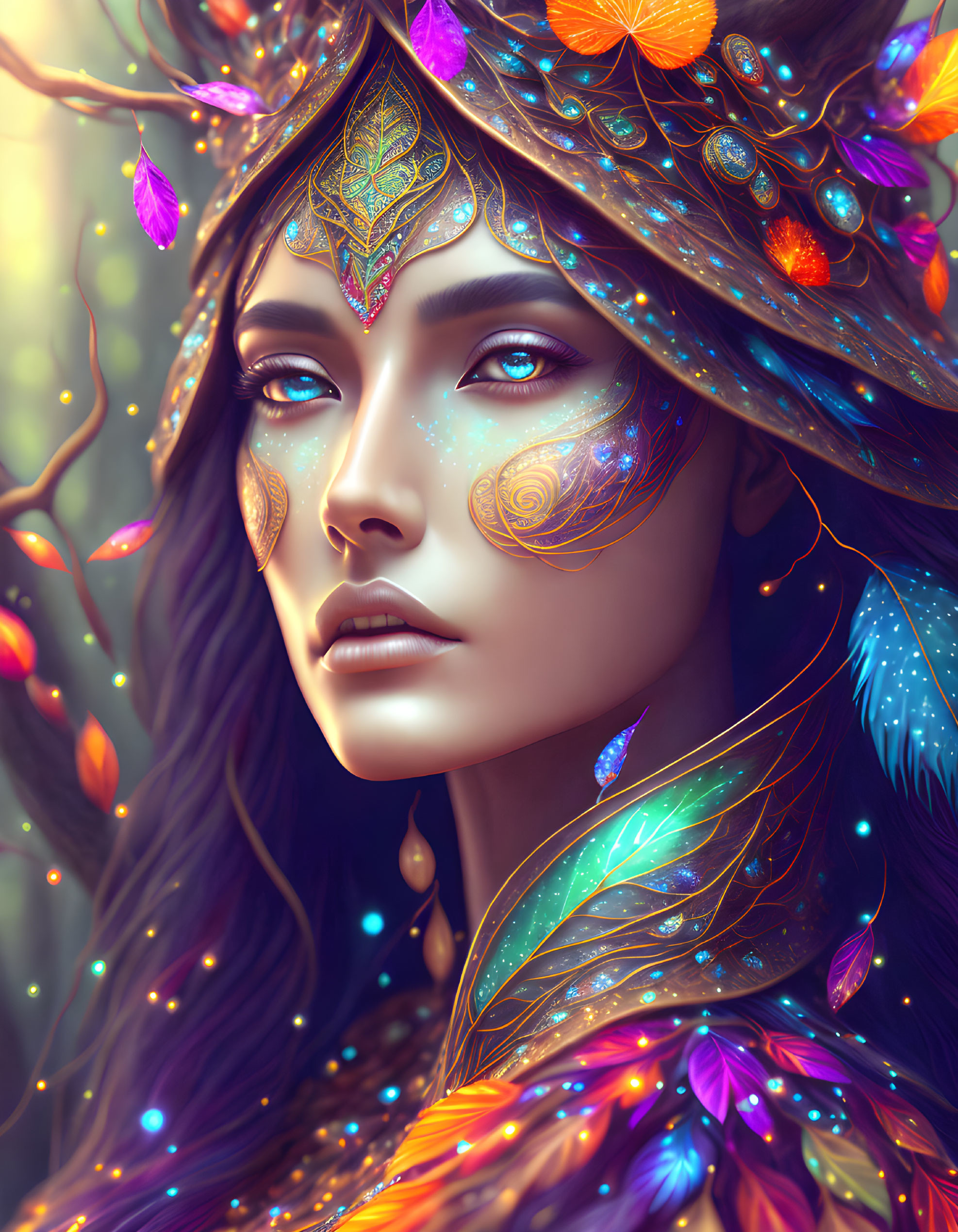 Colorful Woman with Feathered Headdress and Face Paint in Serene Setting