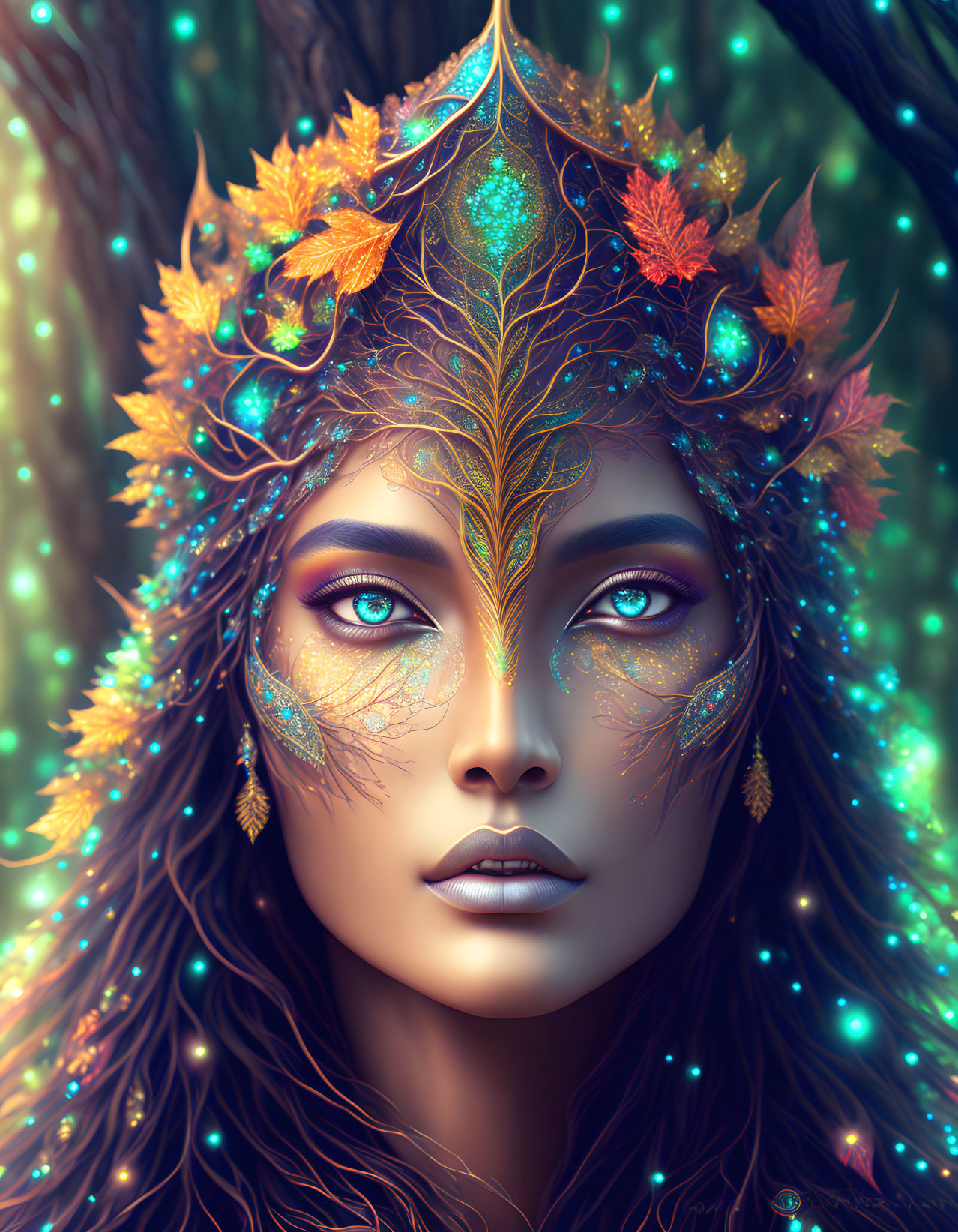 Ethereal female figure with autumn leaf crown and luminous eyes.