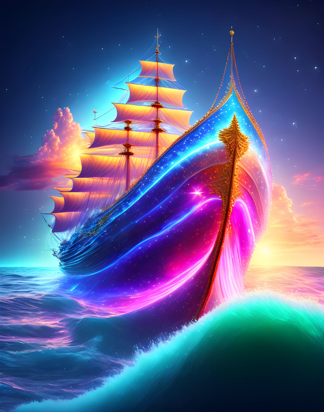 Colorful surreal ship sailing on cosmic waves and sky.