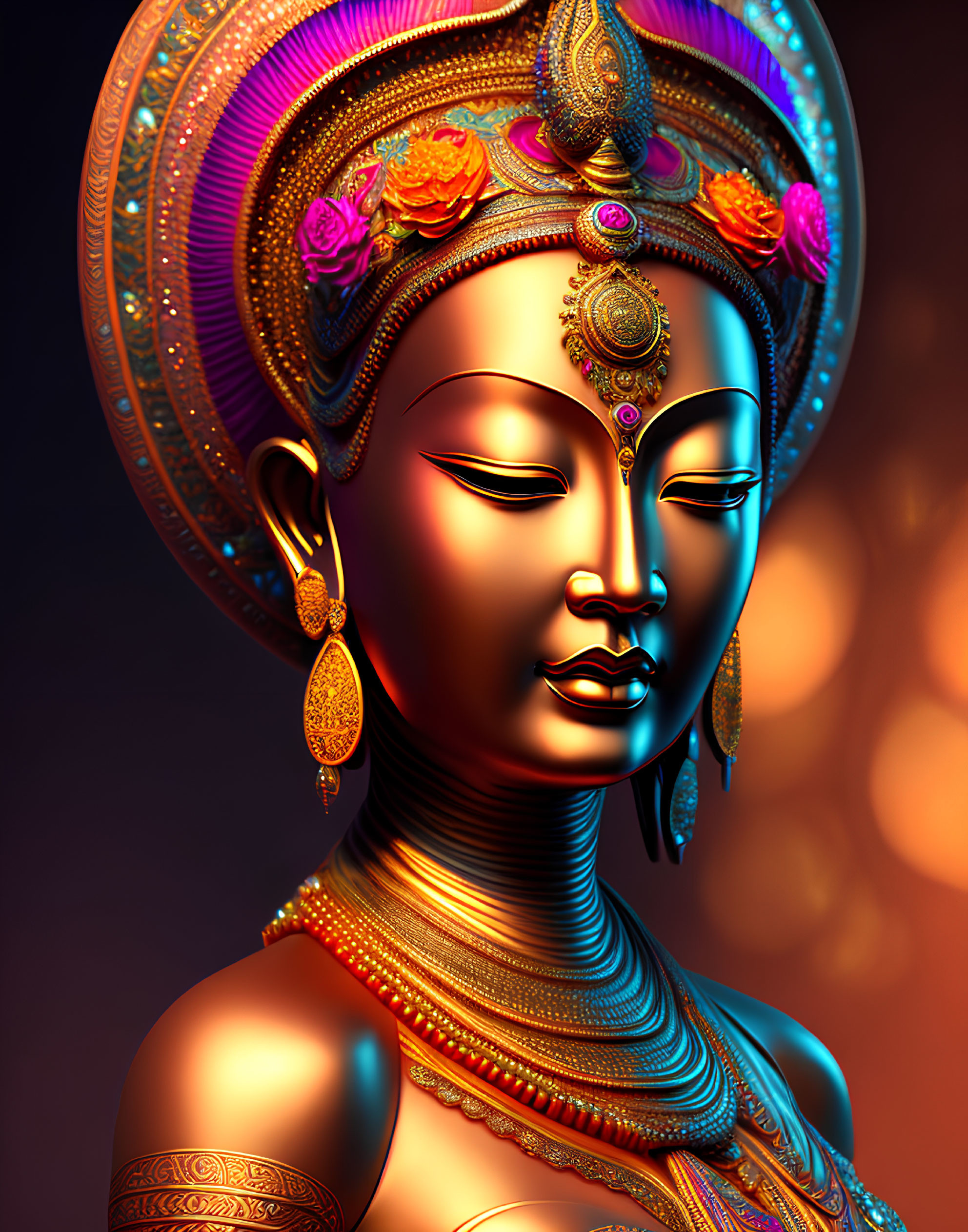 Golden female figure with elaborate headgear and jewelry in serene digital portrait.