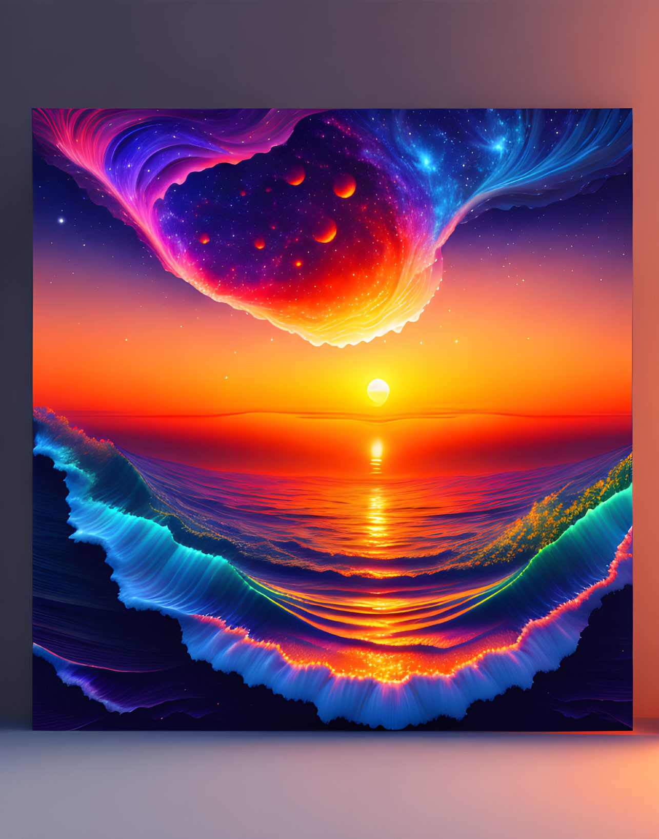 Surreal ocean sunset with cosmic wave in digital art