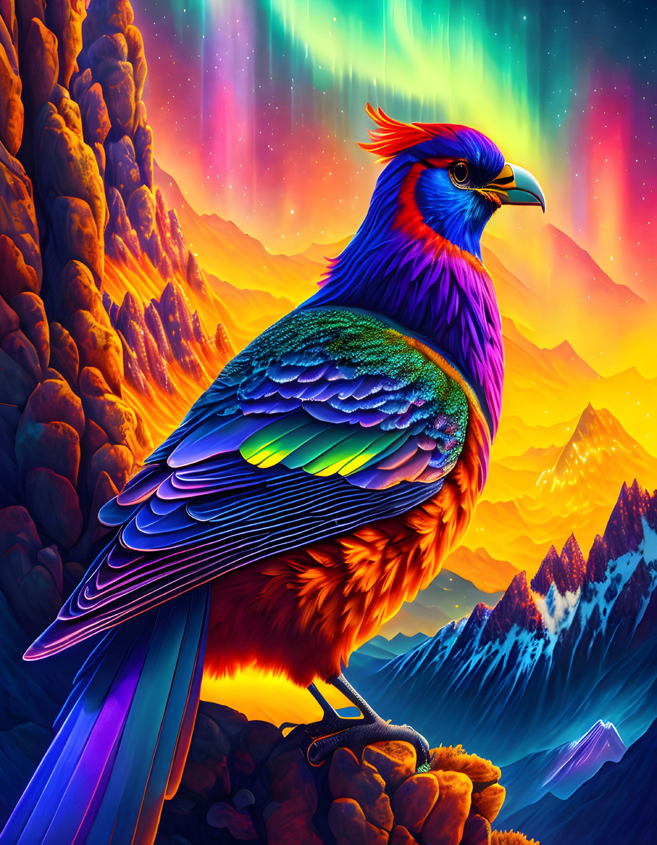 Colorful bird illustration with rainbow plumage in front of vivid mountains and aurora-lit sky