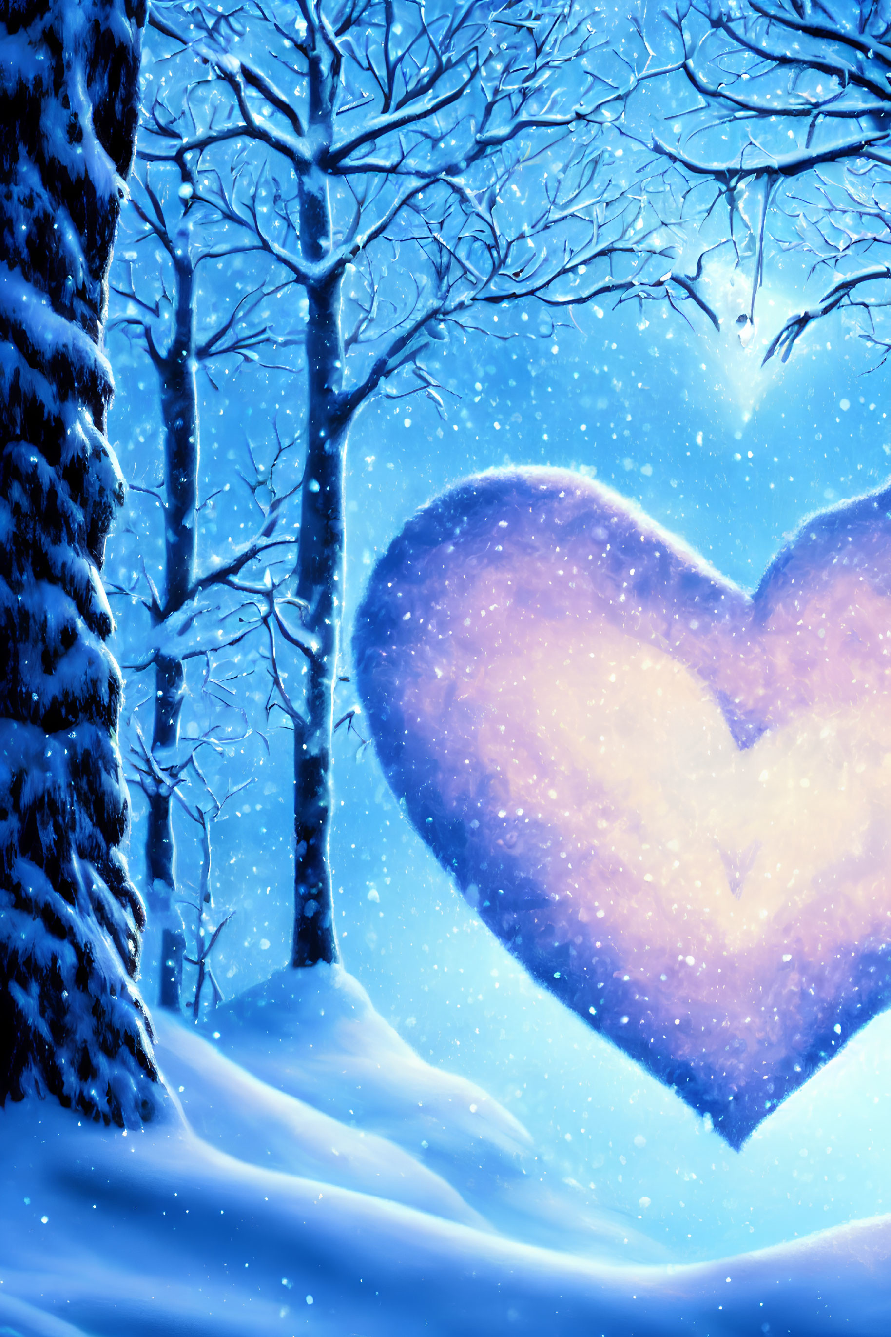 Snow-covered trees with heart-shaped opening in winter scene