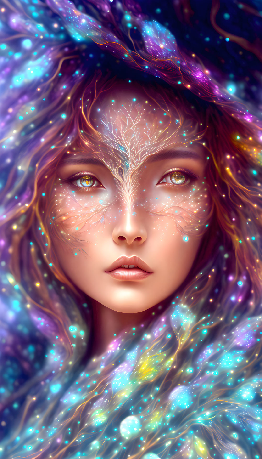 Colorful digital artwork: Woman's face with galaxy colors and mystical tree design