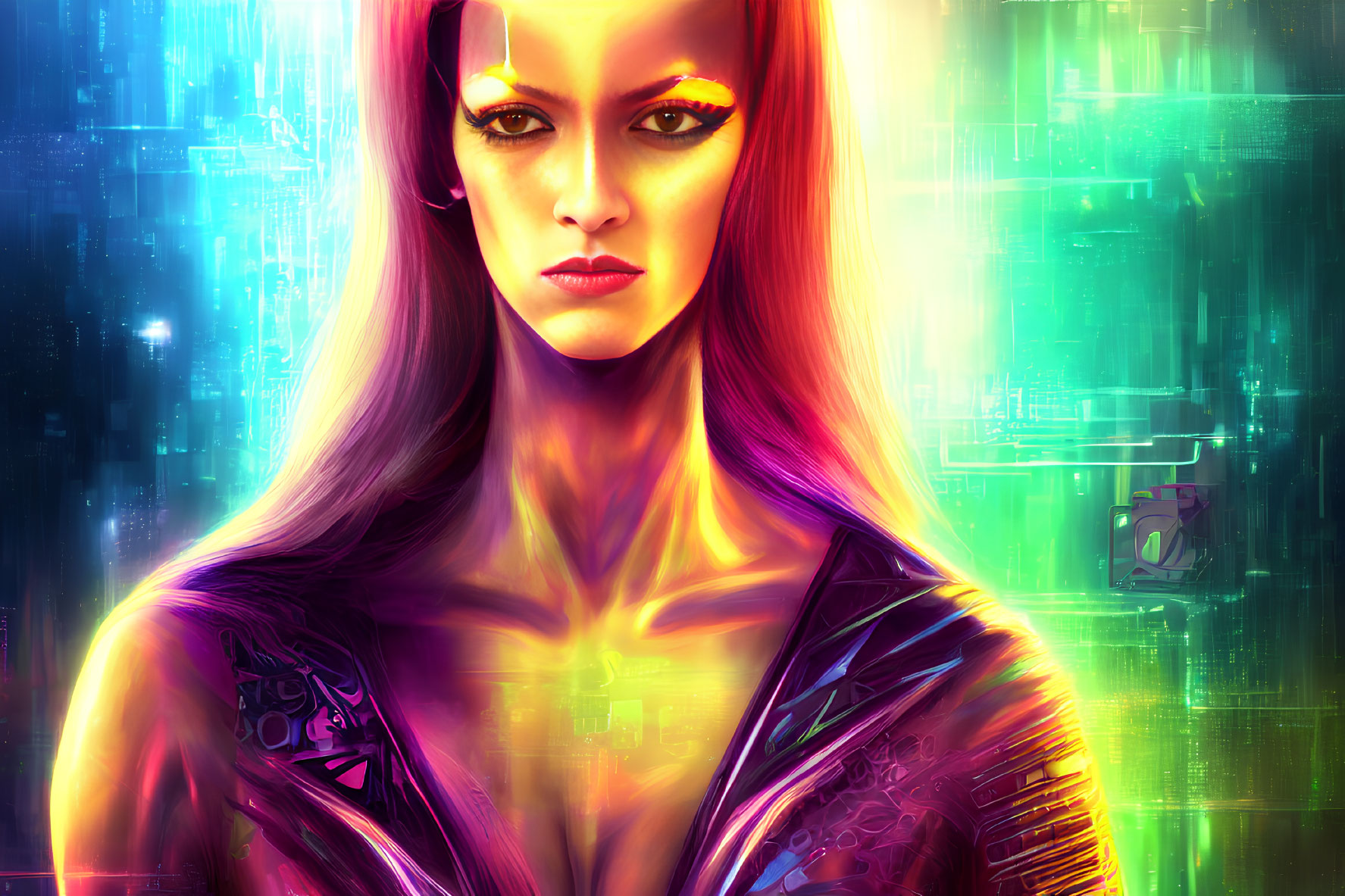 Digital artwork: Woman with pink hair, cybernetic suit, neon-lit background