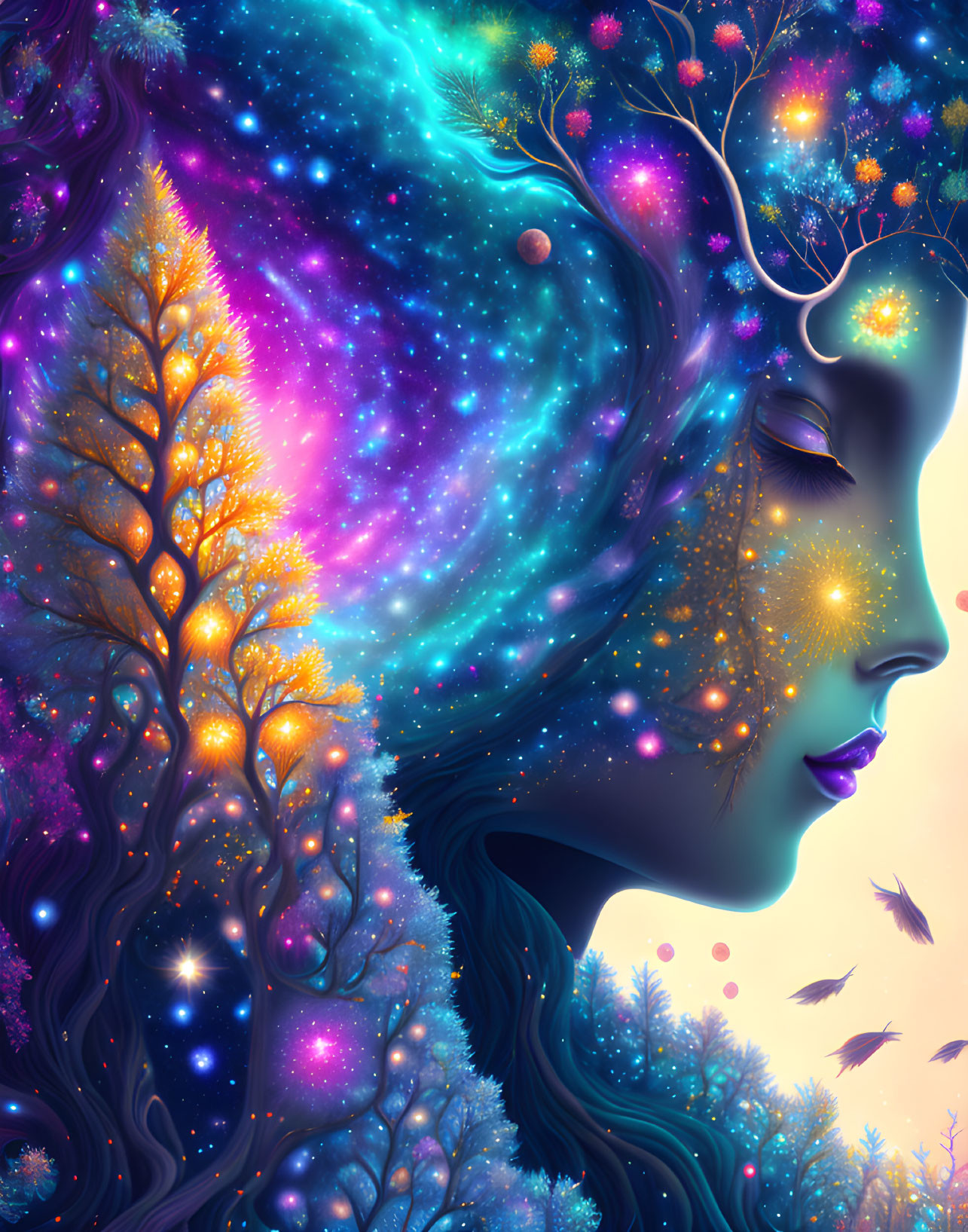 Colorful cosmic artwork featuring woman's profile merging with starry skies and illuminated trees