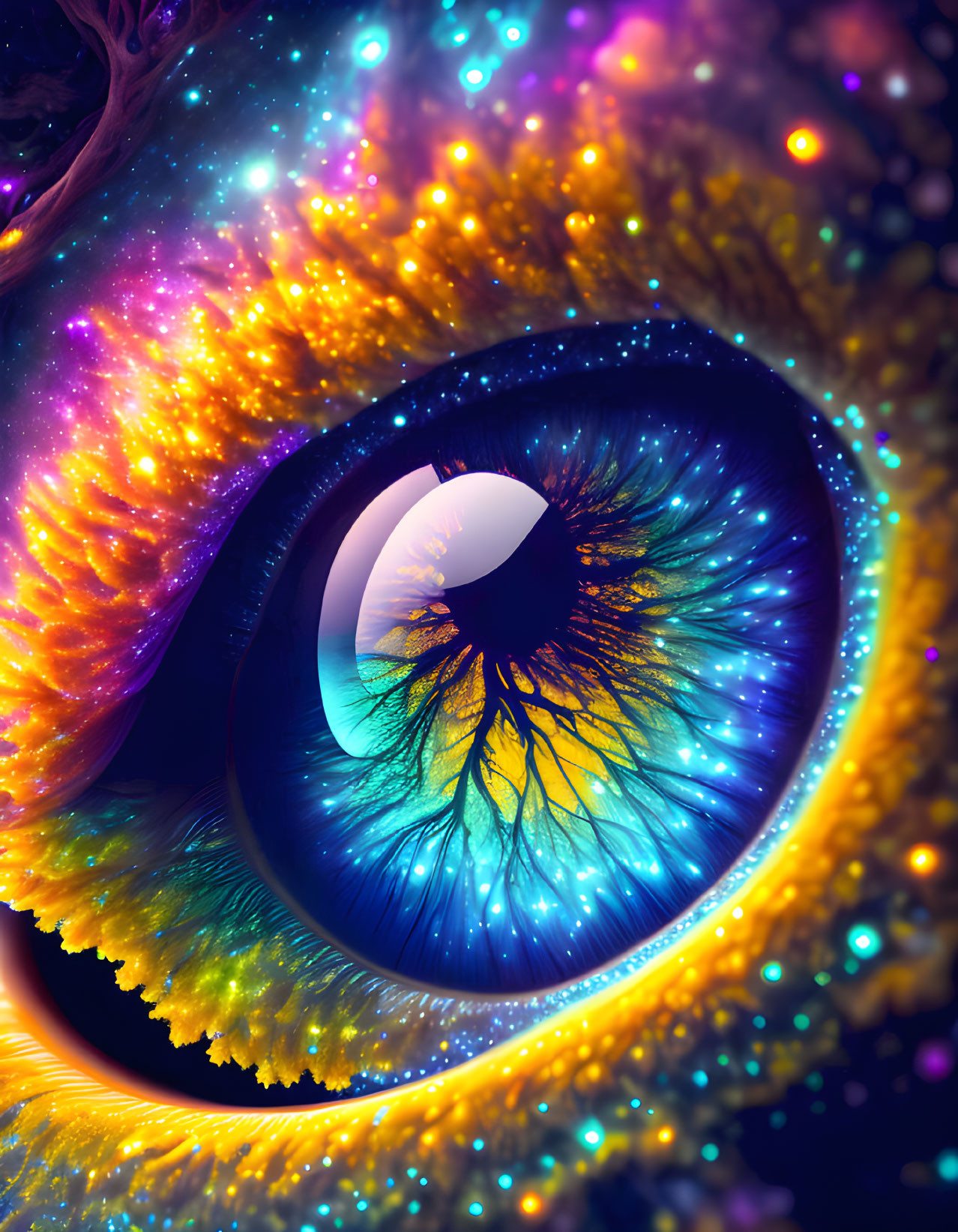 Detailed illustration of a vibrant, colorful eye with fractal patterns