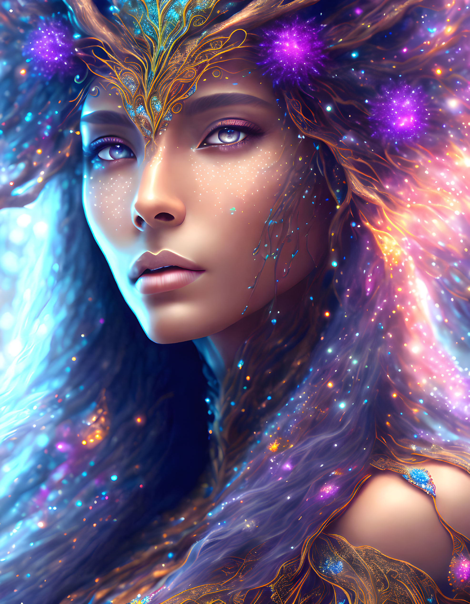 Fantasy portrait of woman with galaxy-themed hair and makeup and ornate golden headpiece.