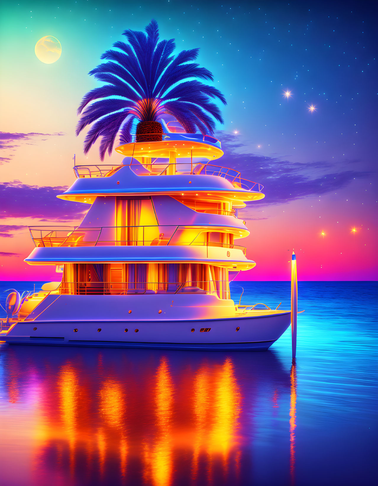 Luxury yacht at pier under vibrant sunset sky