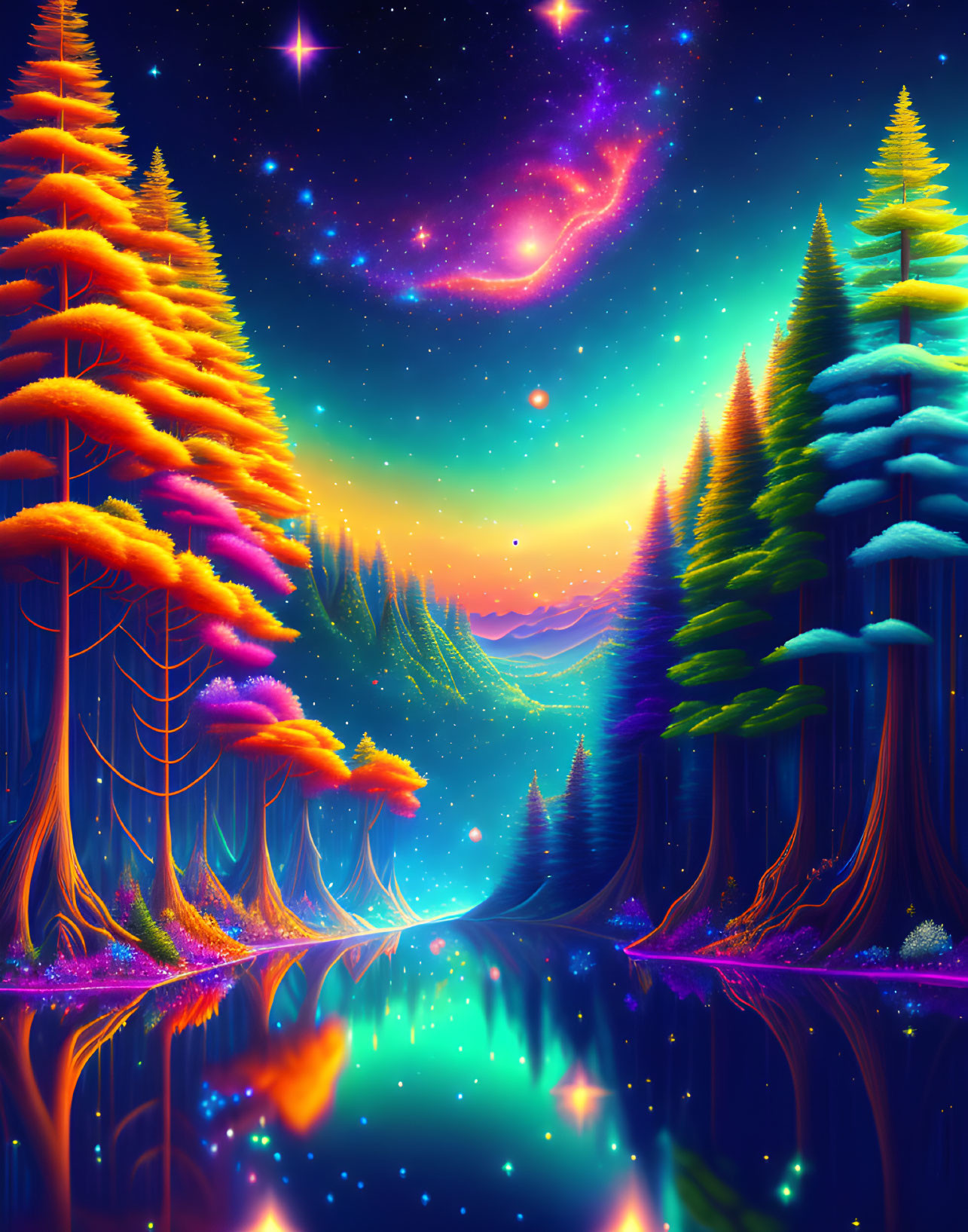 Neon-Colored Forest Reflecting Starry Night Sky