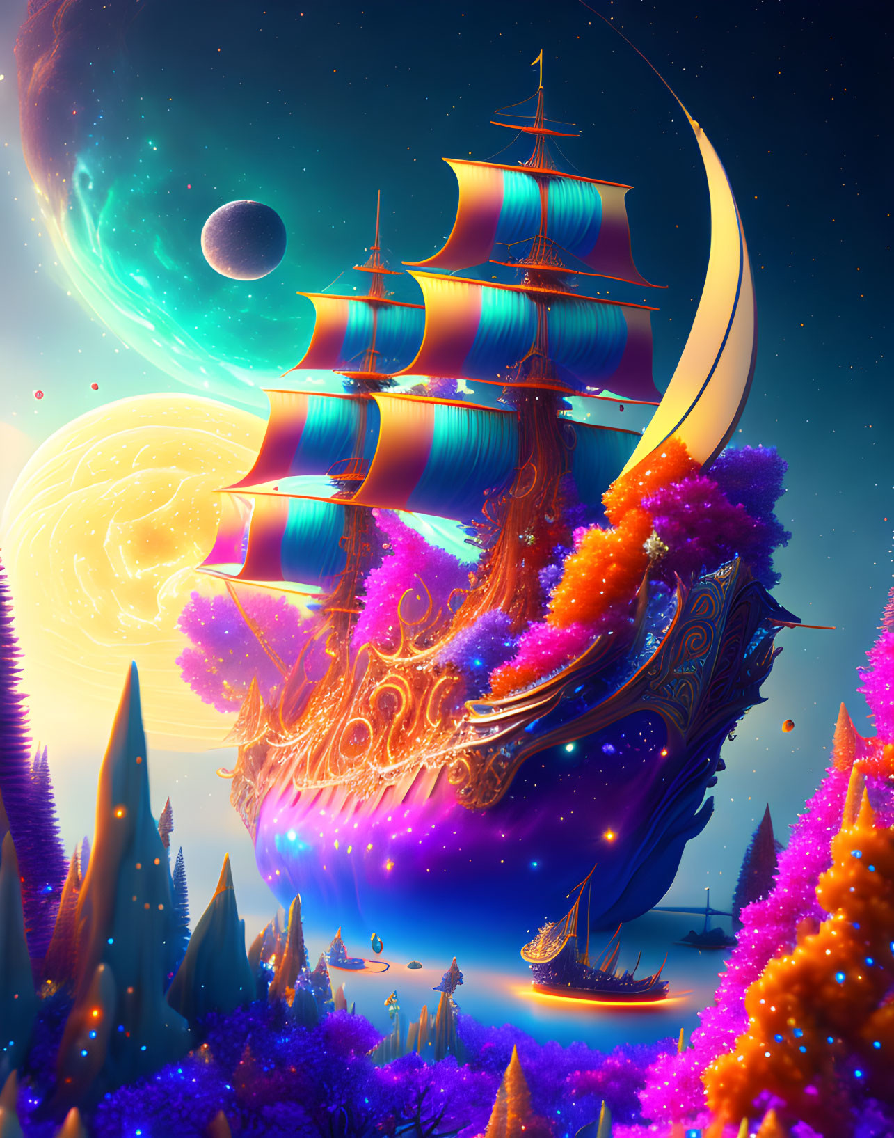 Majestic ship sailing through vibrant alien landscape