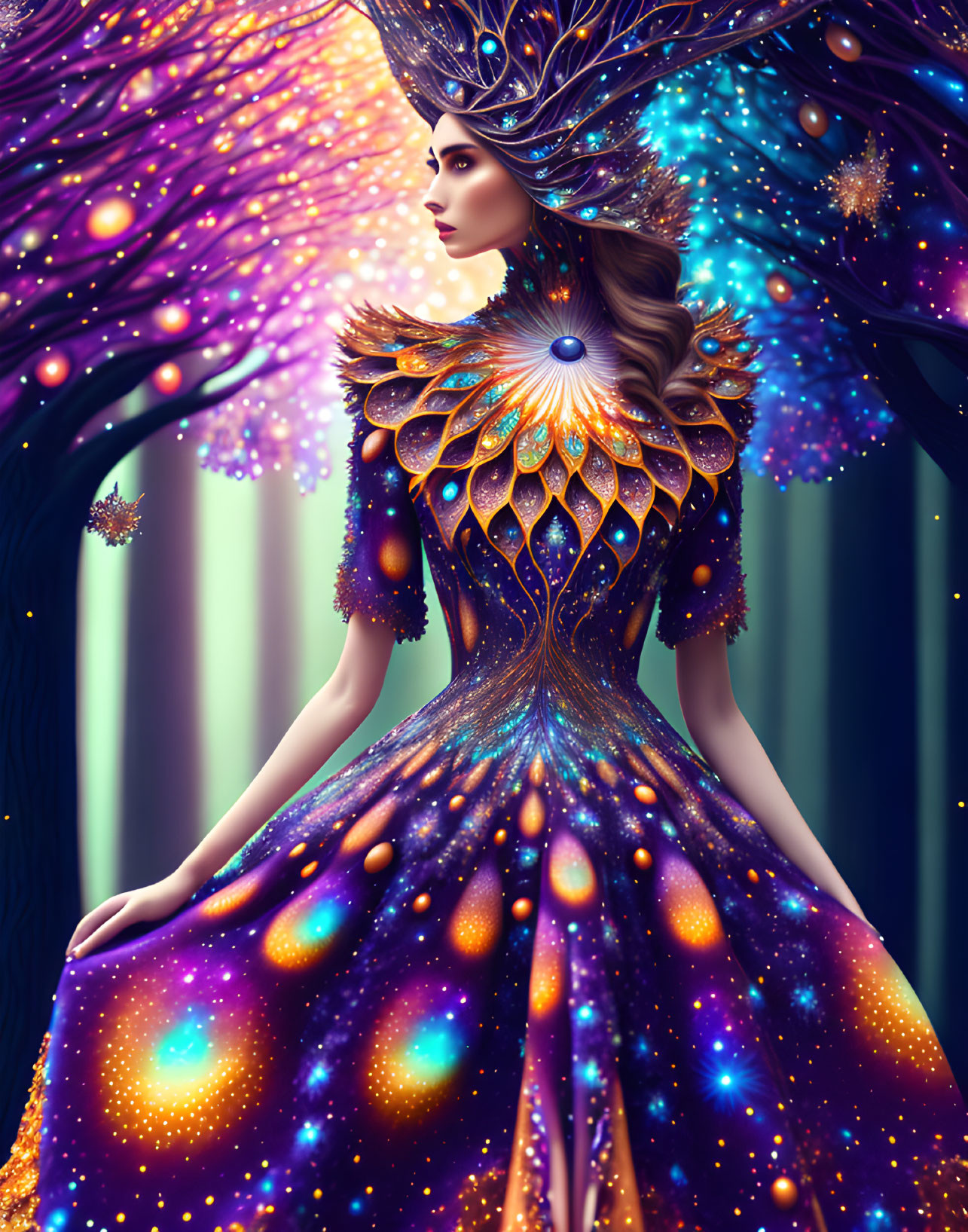 Digital artwork featuring woman in peacock-inspired attire against mystical forest.